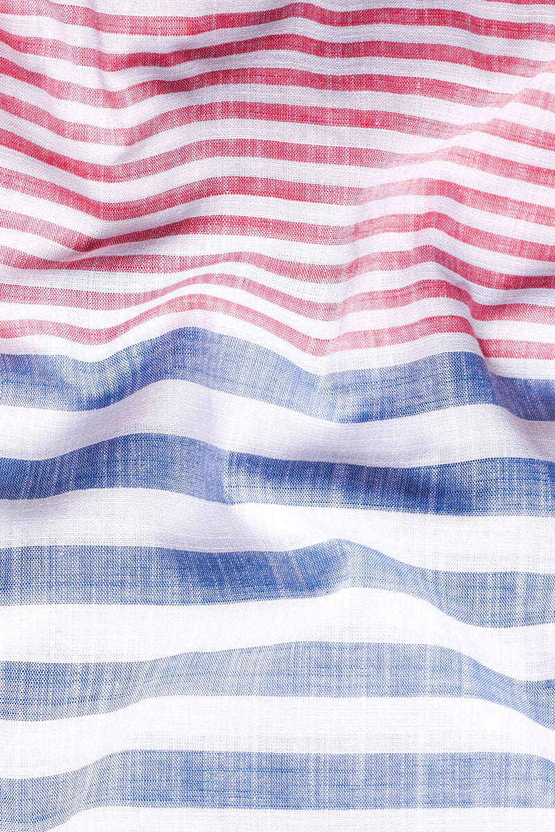 Lynch Blue and Reddish Striped with Funky Patchwork Luxurious Linen Designer Shirt