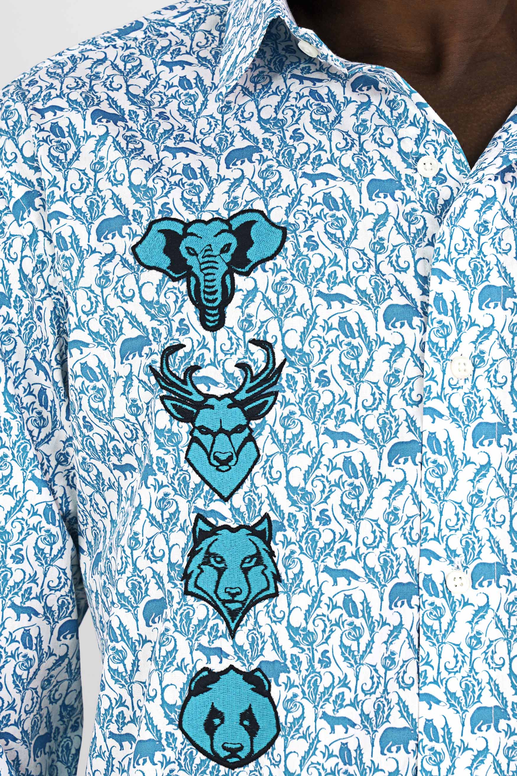 Azure Blue and White Printed with Funky Patchwork Royal Oxford Designer Shirt 6203-E174-38, 6203-E174-H-38, 6203-E174-39, 6203-E174-H-39, 6203-E174-40, 6203-E174-H-40, 6203-E174-42, 6203-E174-H-42, 6203-E174-44, 6203-E174-H-44, 6203-E174-46, 6203-E174-H-46, 6203-E174-48, 6203-E174-H-48, 6203-E174-50, 6203-E174-H-50, 6203-E174-52, 6203-E174-H-52
