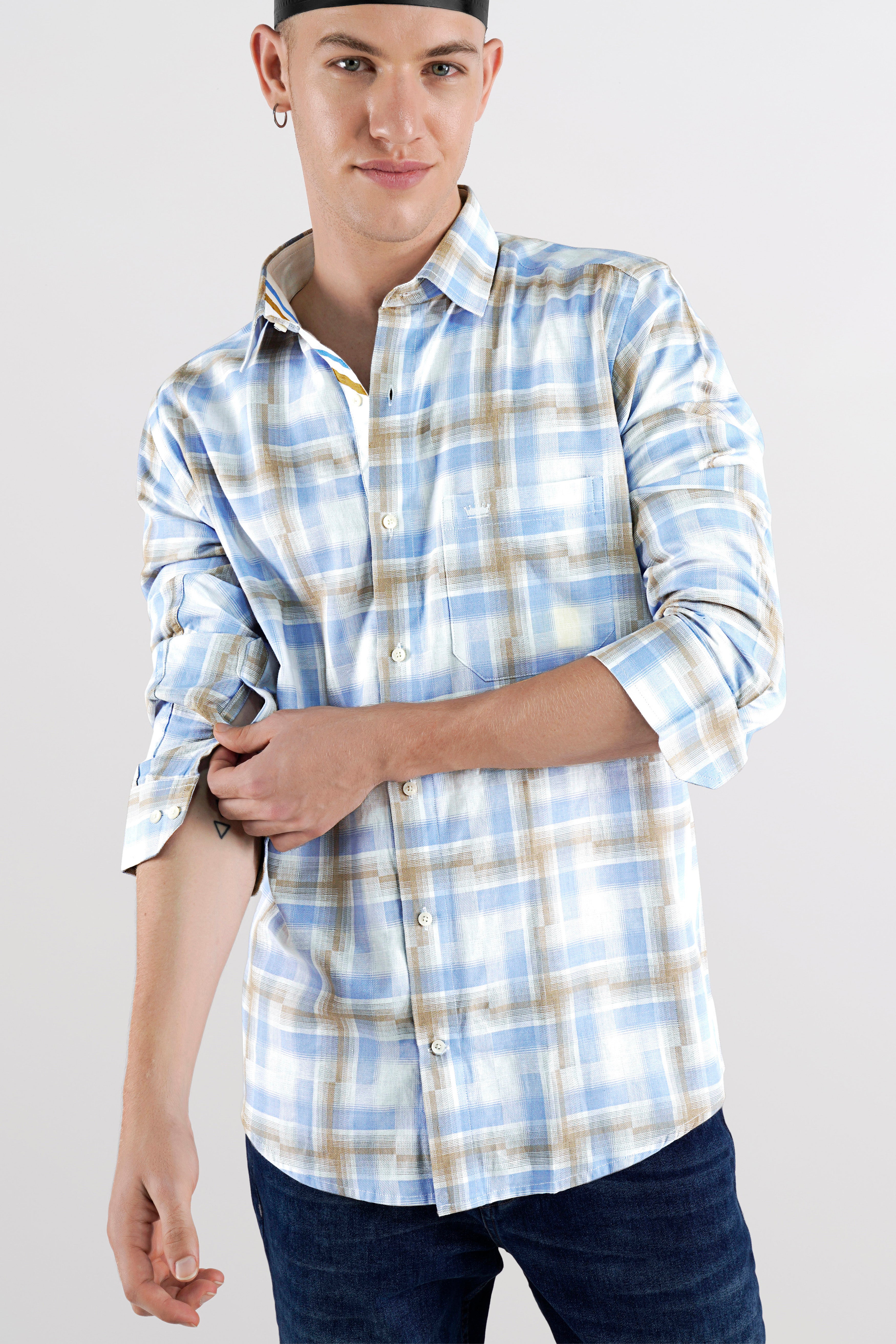 Bright White with Waikawa Blue and Malta Brown Checkered Hand Painted Twill Premium Cotton Designer Shirt