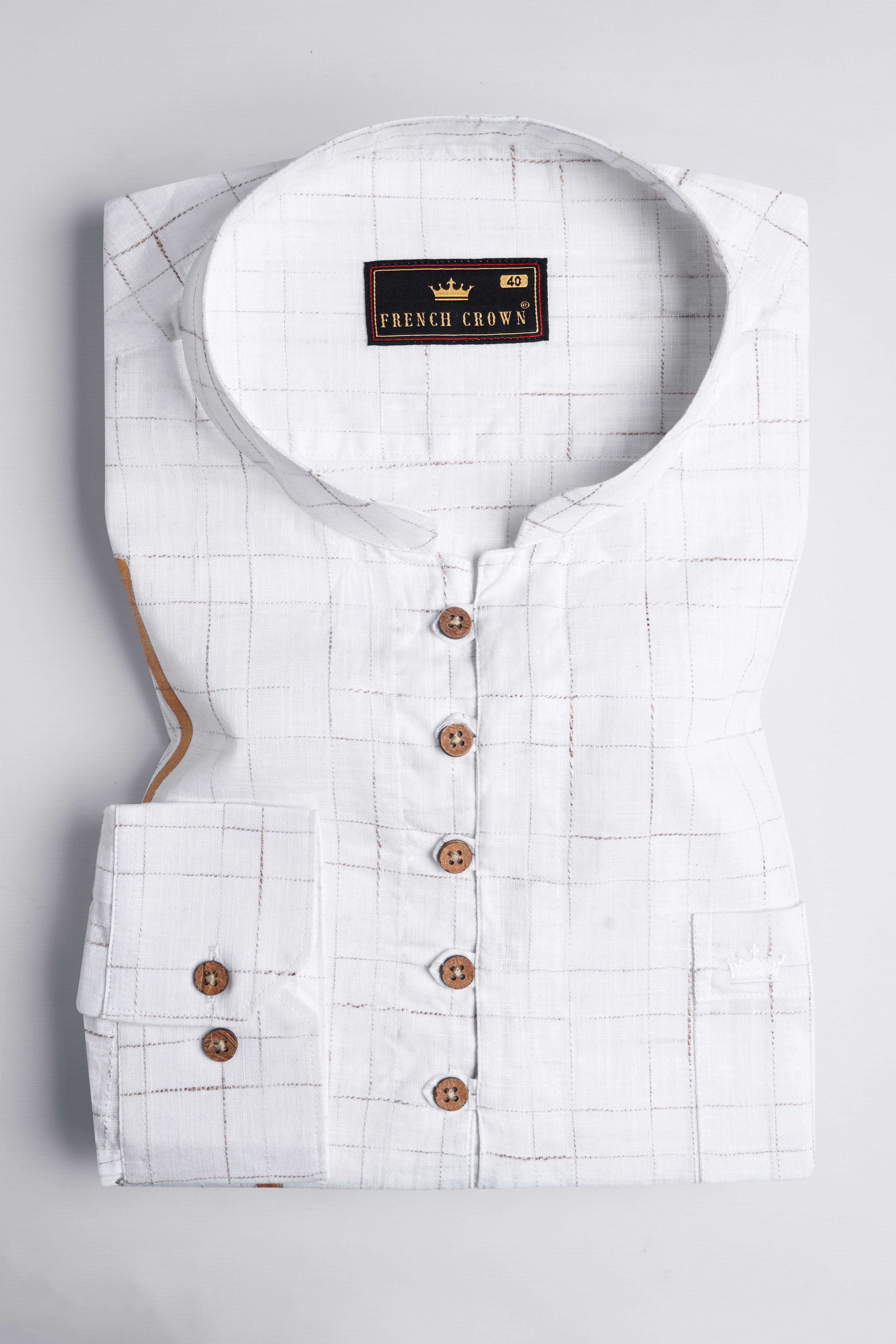 Bright White with Parchment Brown Hand Painted Luxurious Linen Designer Kurta Shirt