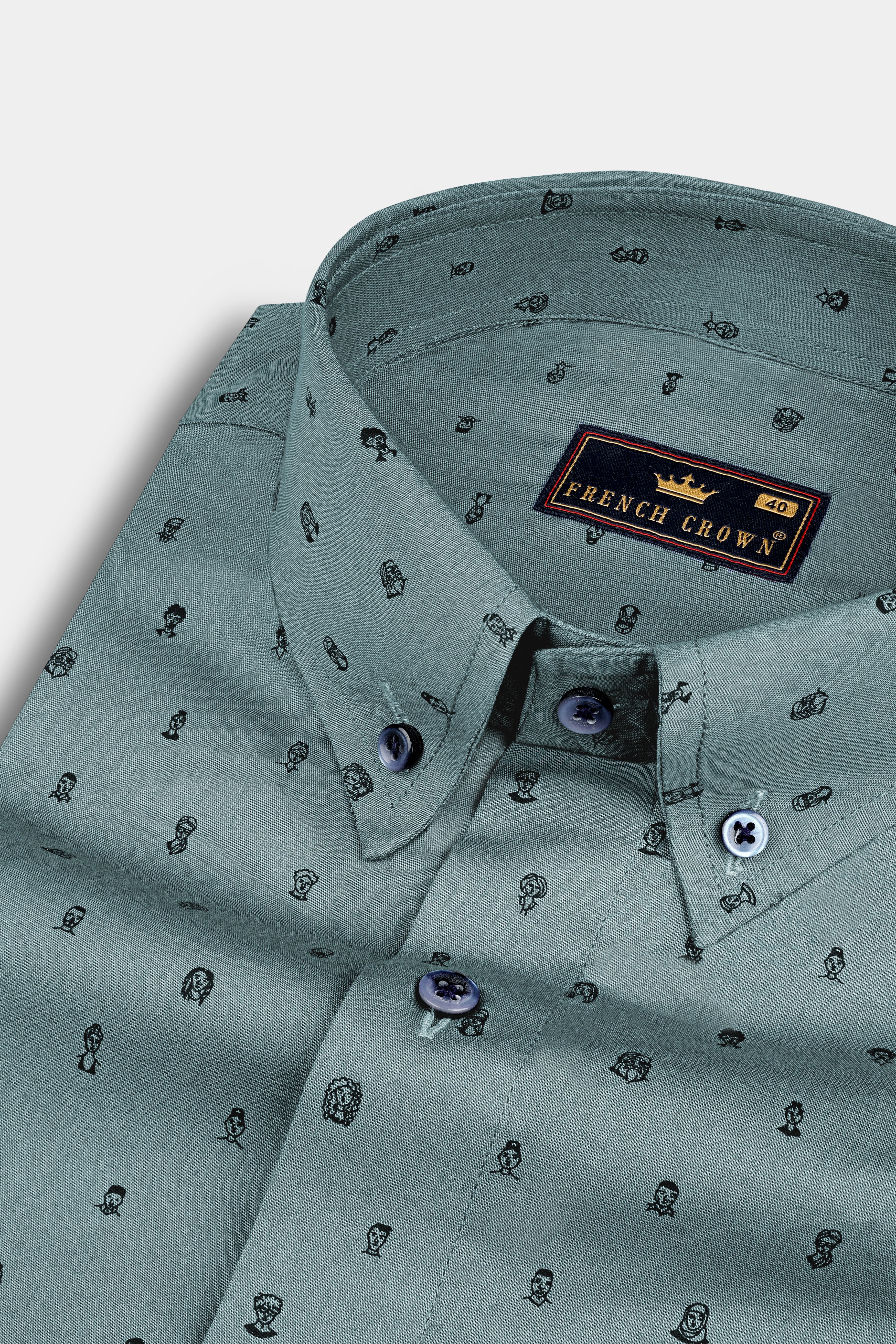 Pewter Face Green Printed Dobby Textured Premium Giza Cotton Shirt
