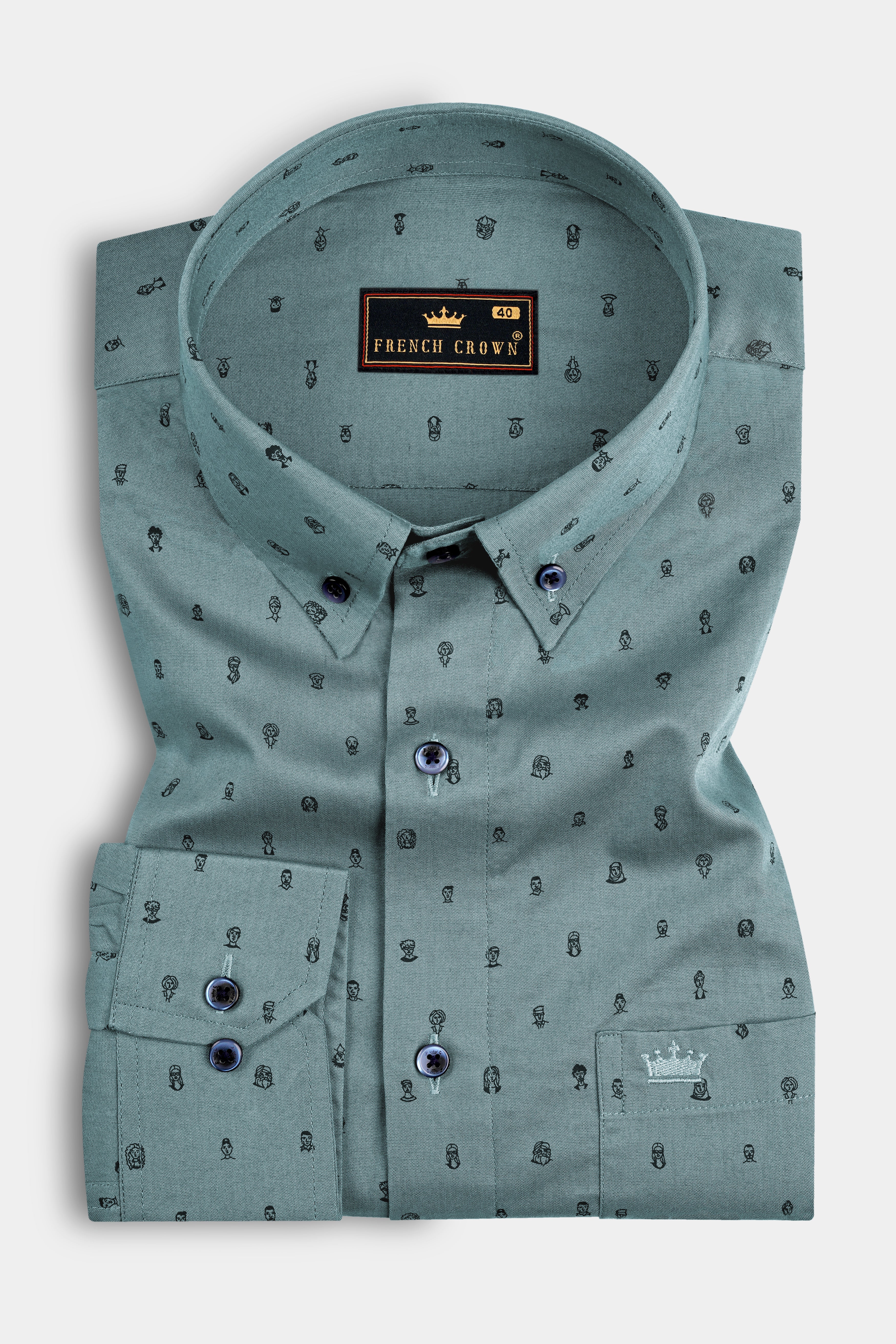 Pewter Face Green Printed Dobby Textured Premium Giza Cotton Shirt