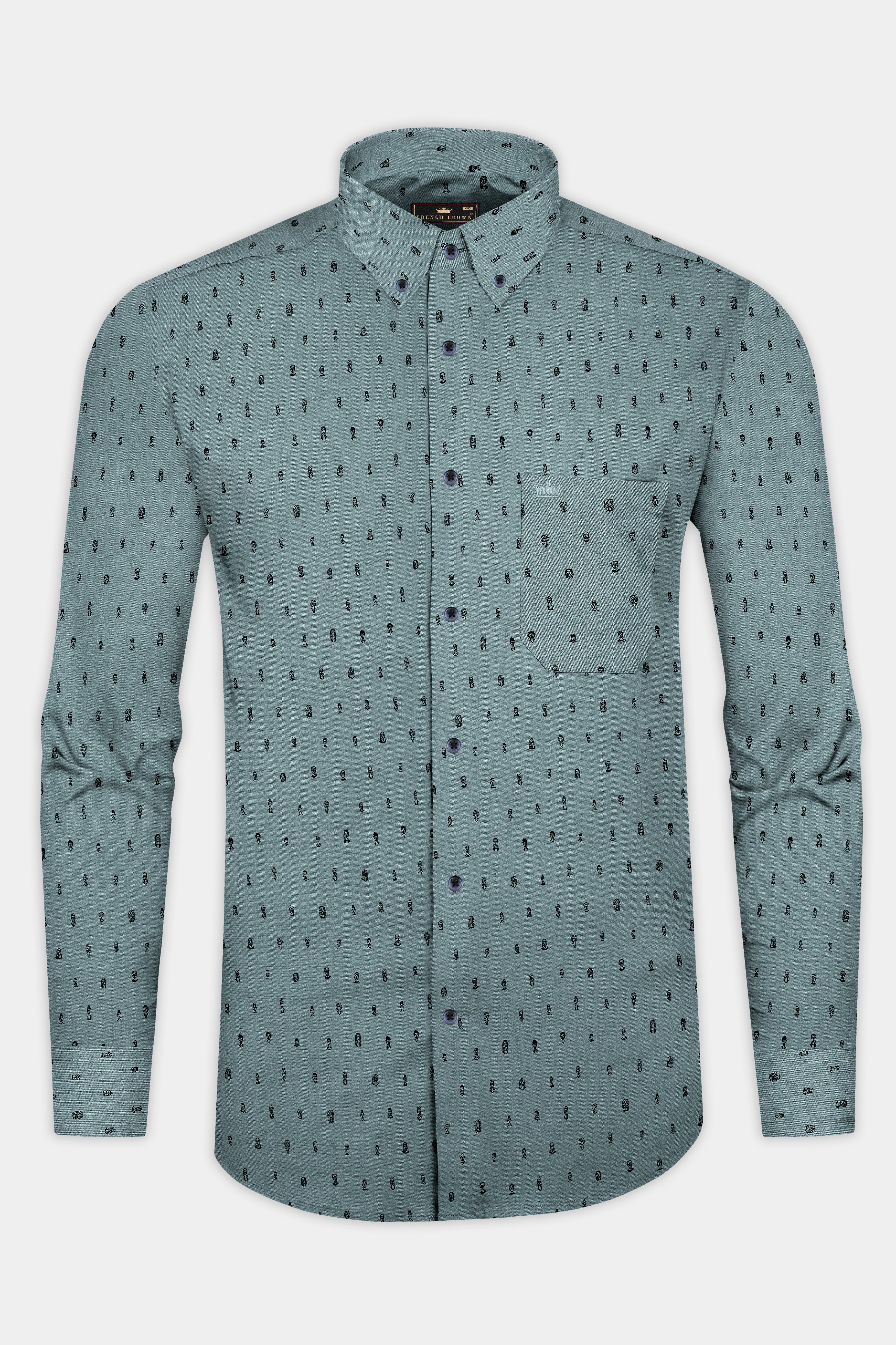 Pewter Face Green Printed Dobby Textured Premium Giza Cotton Shirt