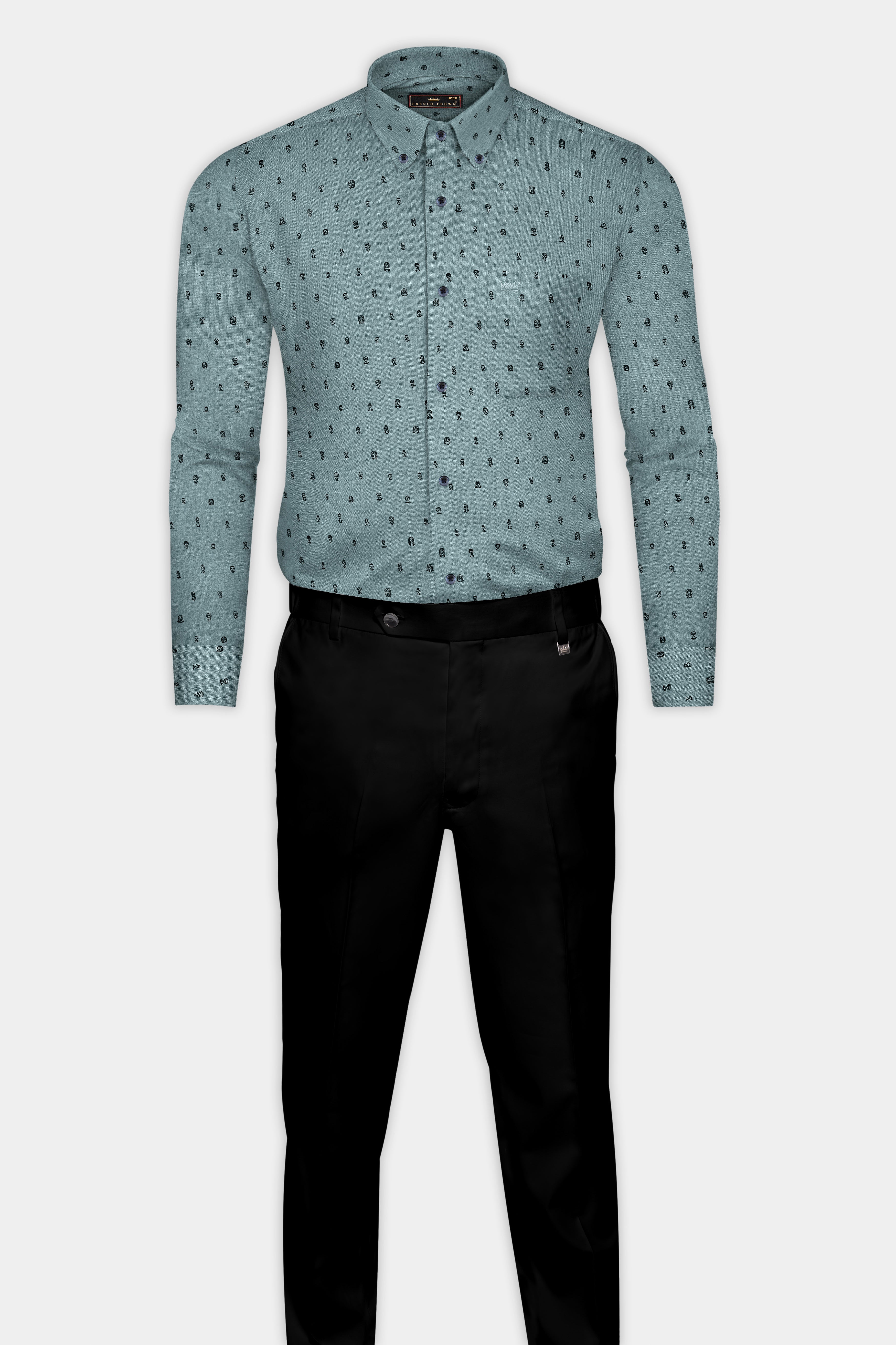 Pewter Face Green Printed Dobby Textured Premium Giza Cotton Shirt