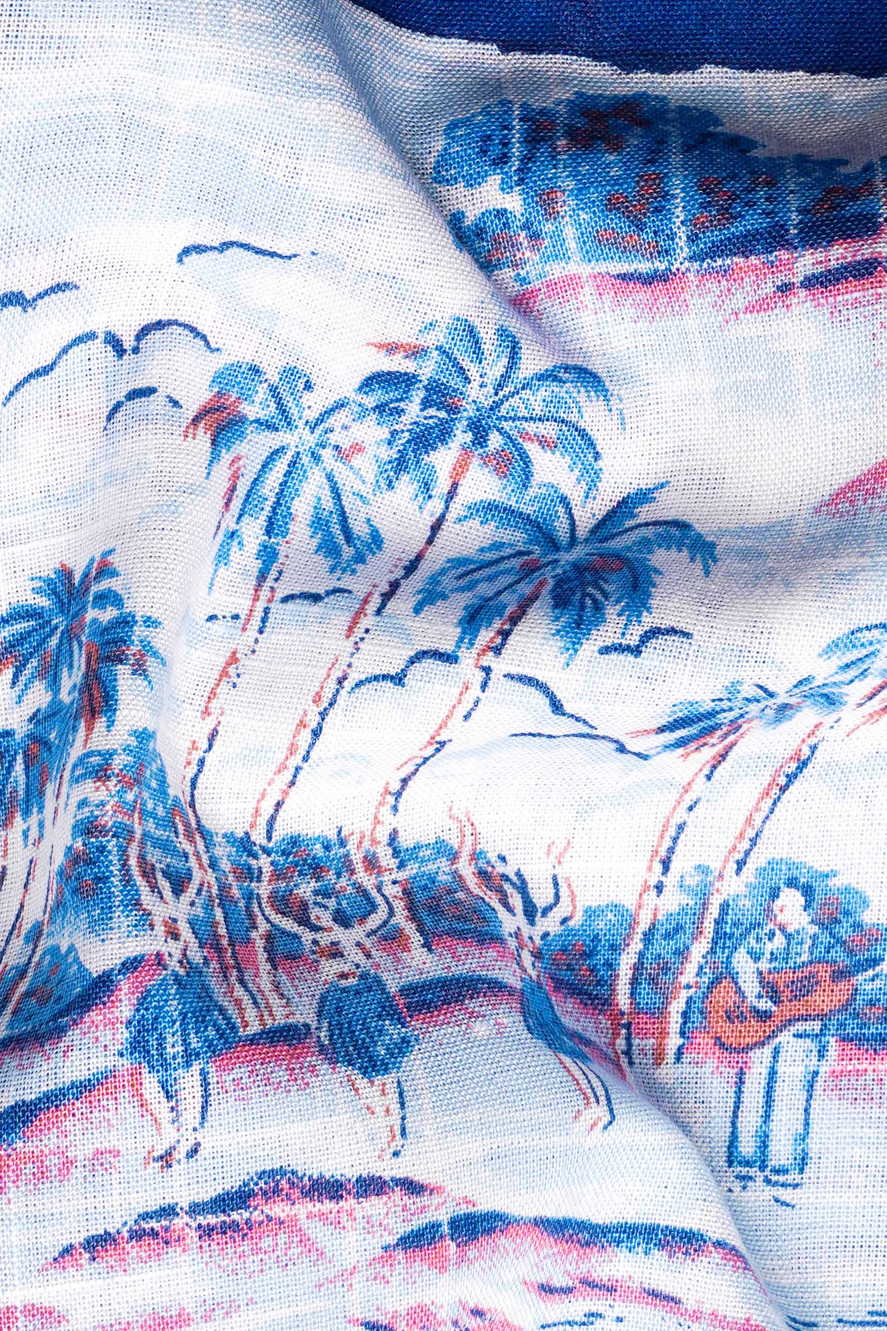 Bright White with Cerulean Blue Hand Painted Luxurious Linen Designer Kurta Shirt