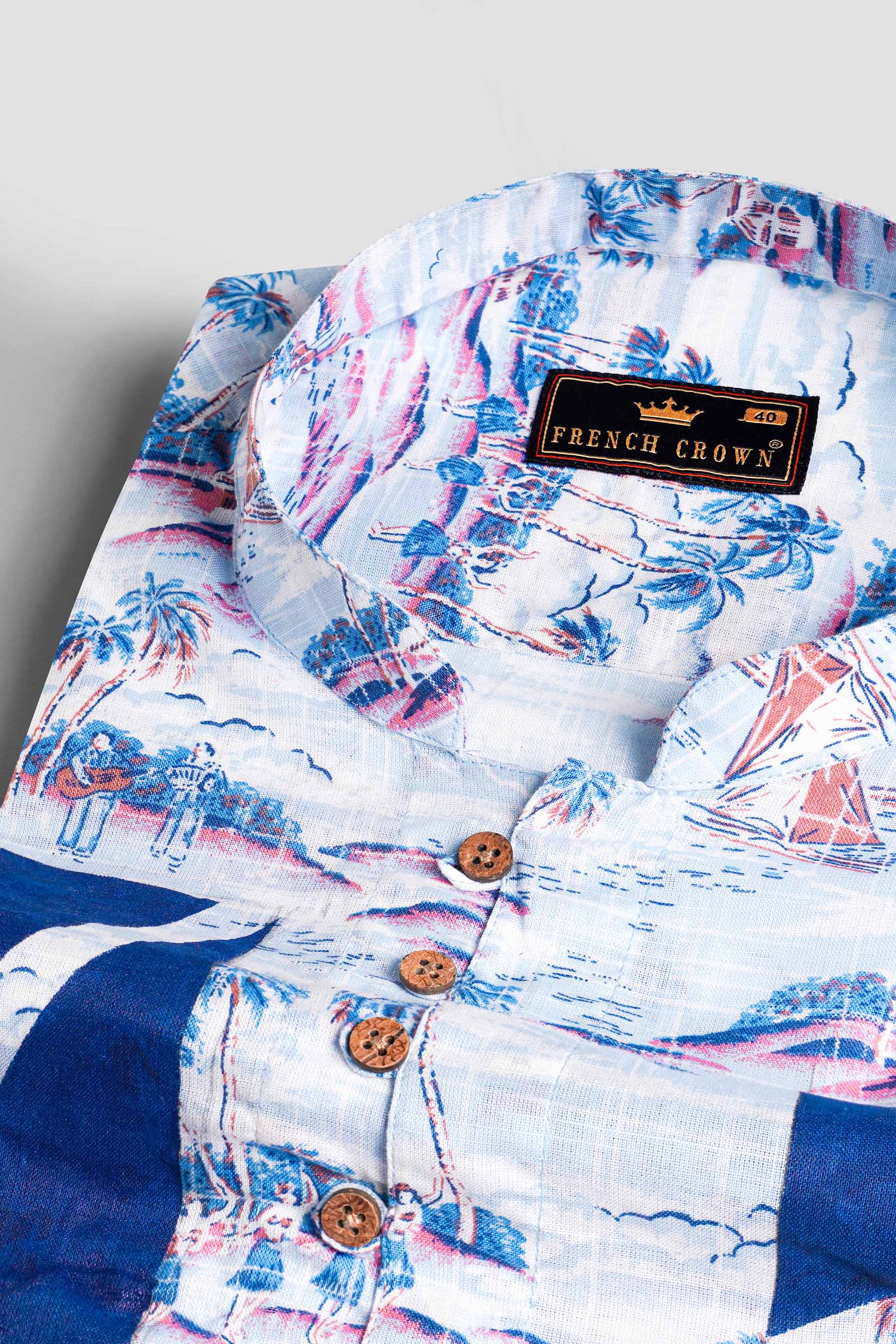 Bright White with Cerulean Blue Hand Painted Luxurious Linen Designer Kurta Shirt
