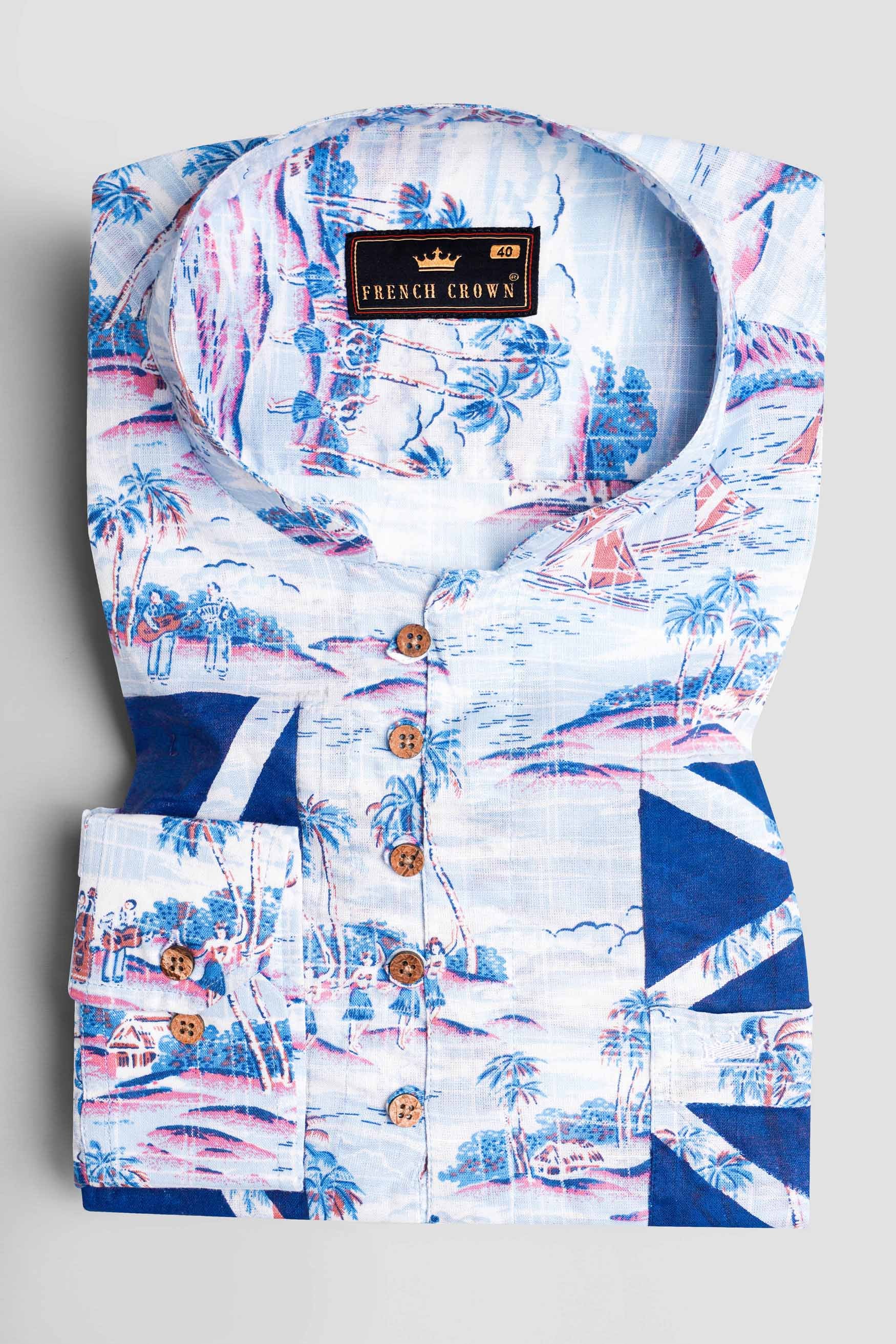 Bright White with Cerulean Blue Hand Painted Luxurious Linen Designer Kurta Shirt