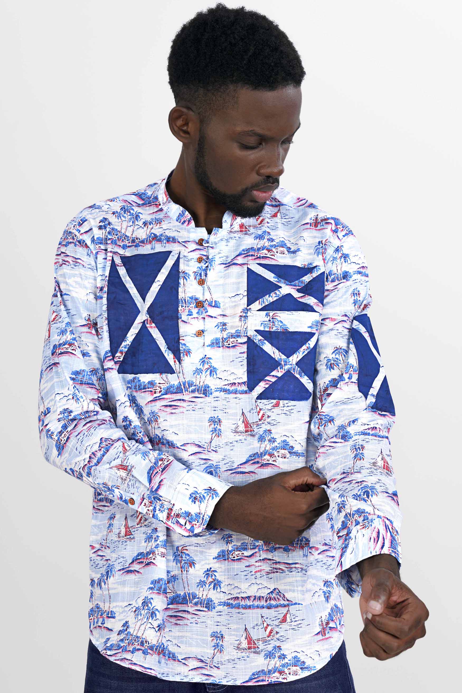 Bright White with Cerulean Blue Hand Painted Luxurious Linen Designer Kurta Shirt