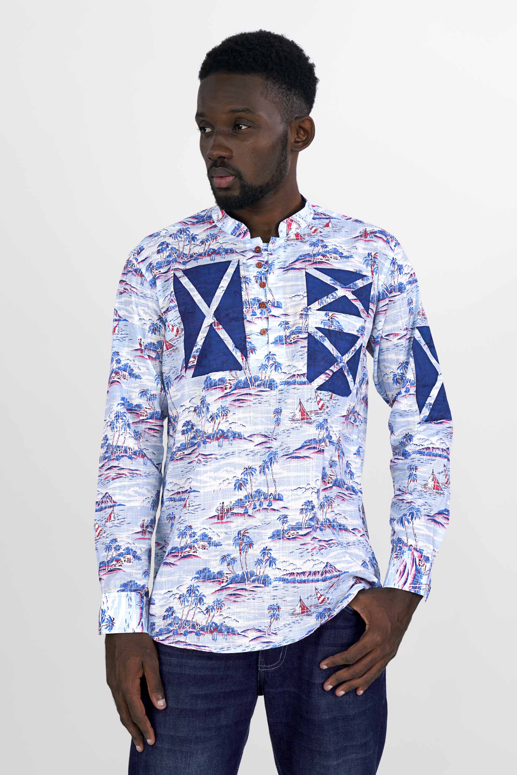 Bright White with Cerulean Blue Hand Painted Luxurious Linen Designer Kurta Shirt