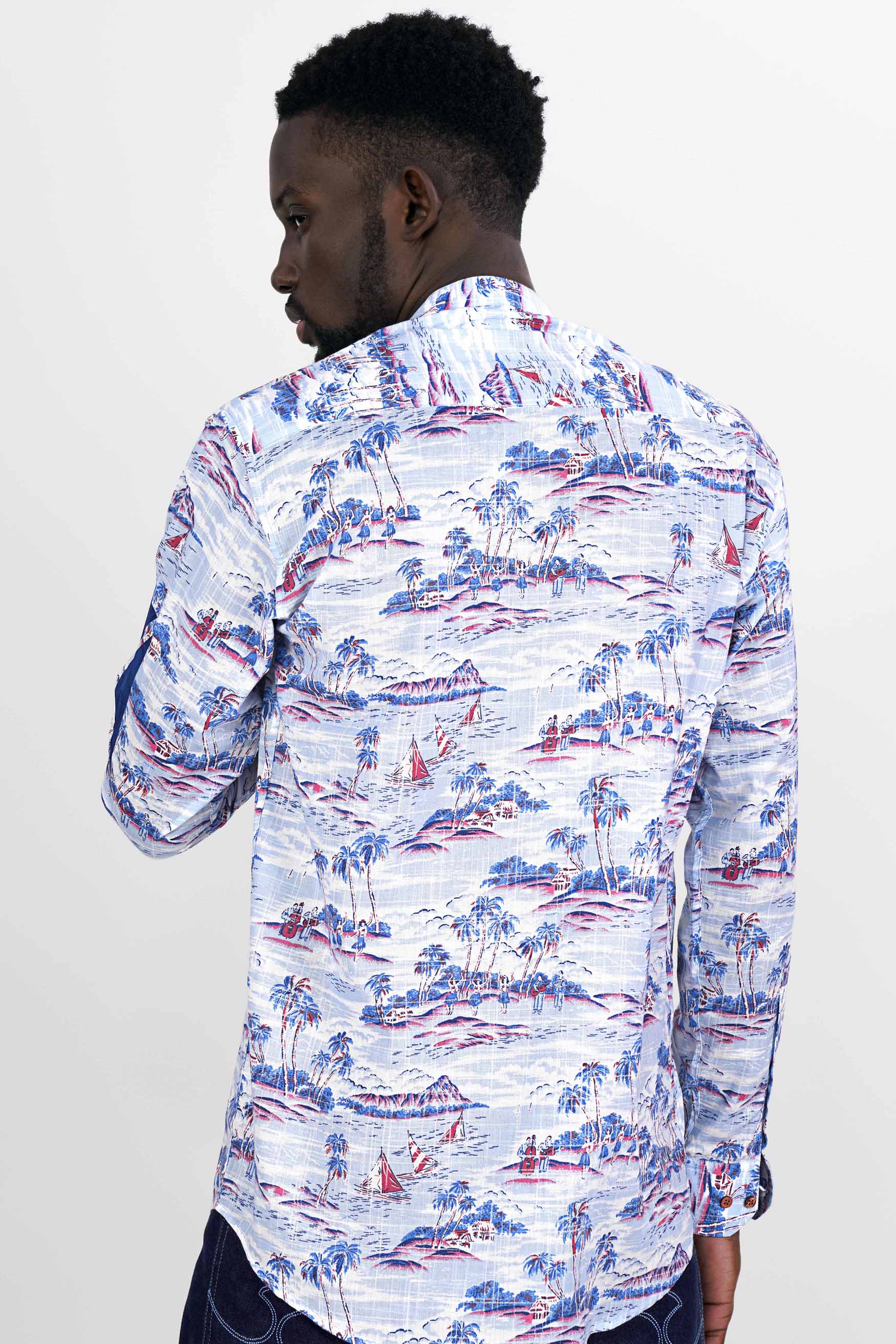Bright White with Cerulean Blue Hand Painted Luxurious Linen Designer Kurta Shirt