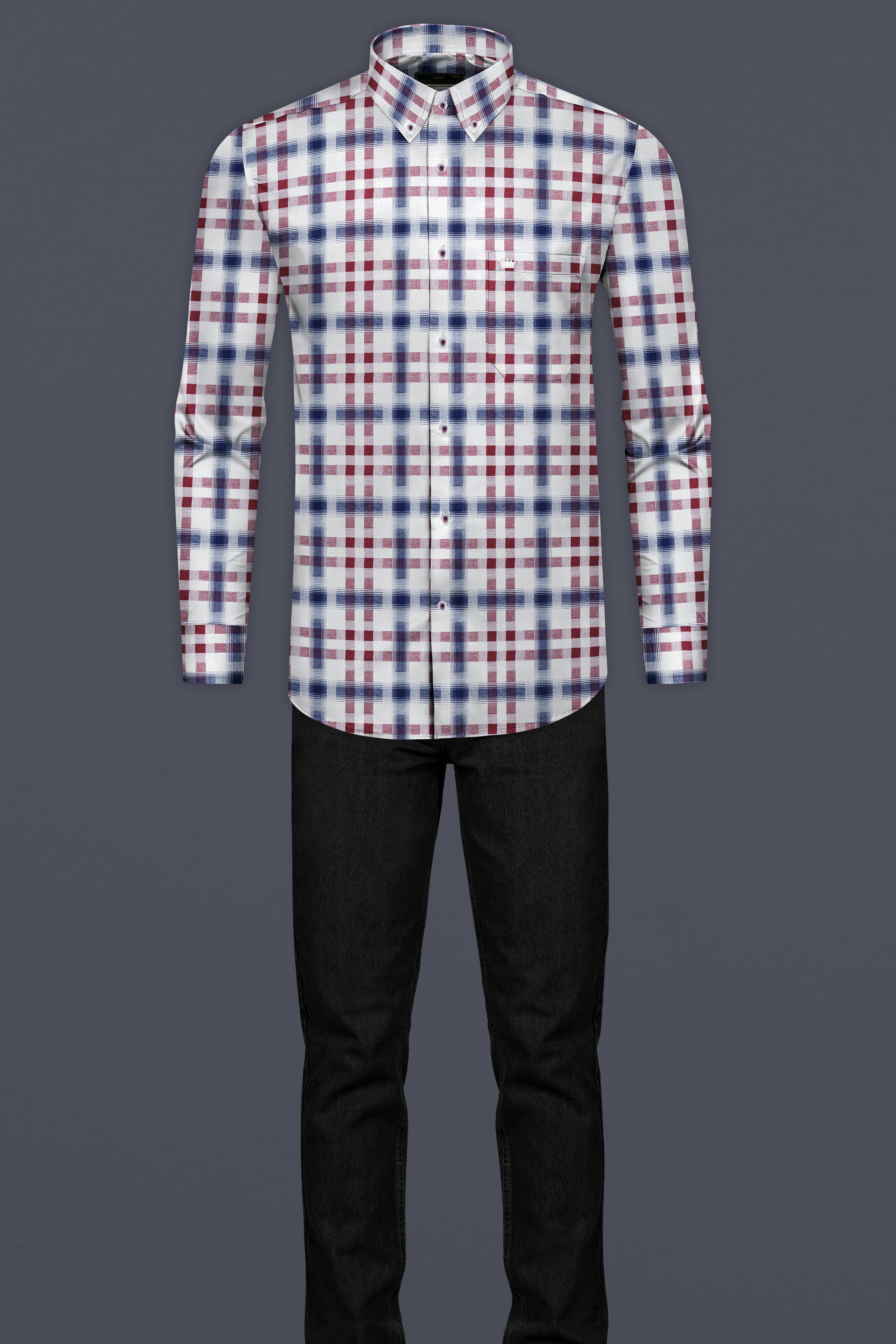 Bright White with Logan Gray and Scarlett Red Twill Plaid Premium Cotton Shirt