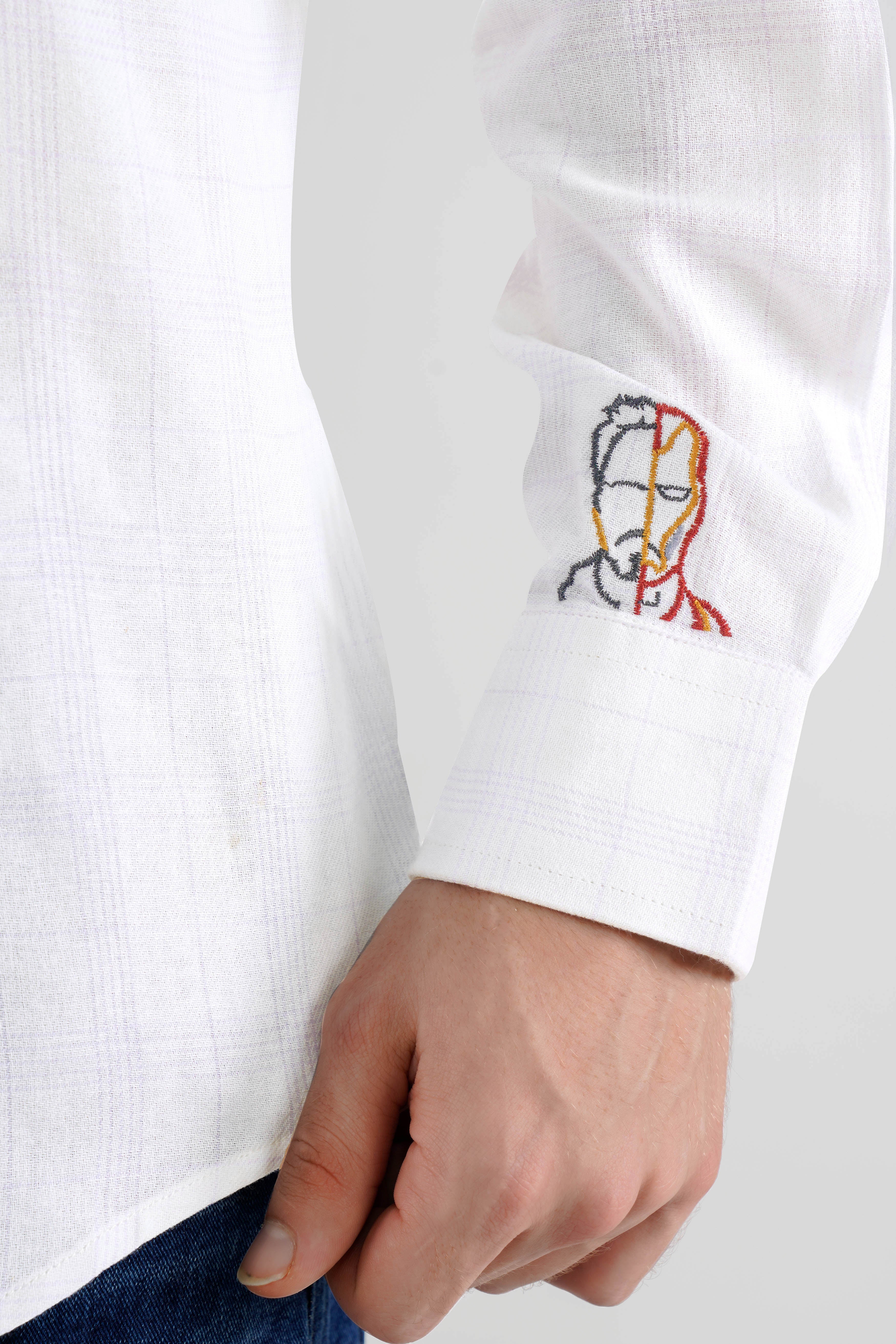 Bright white With Embroidered work Twill Subtle Plaid Premium Cotton Designer Shirt