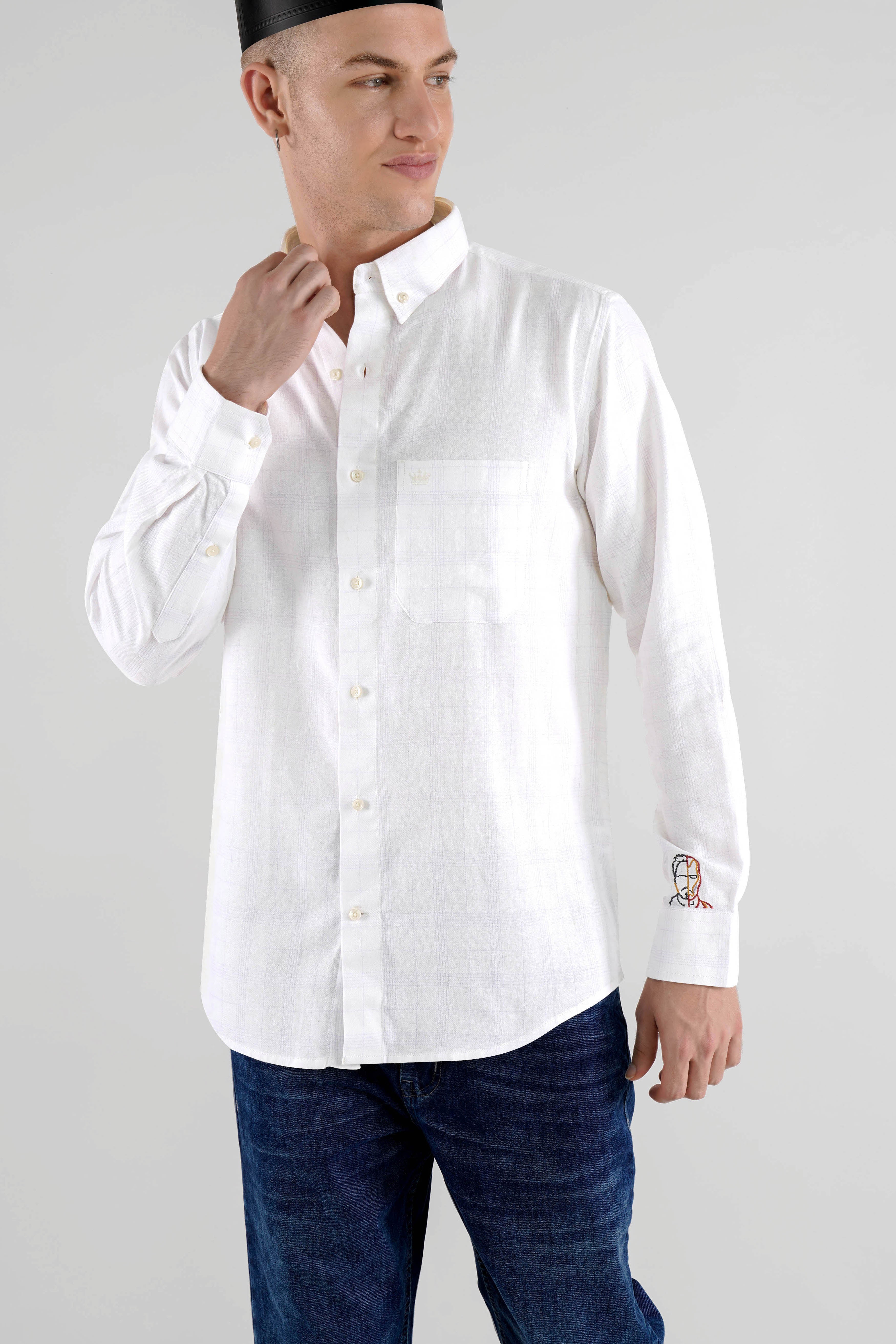 Bright white With Embroidered work Twill Subtle Plaid Premium Cotton Designer Shirt