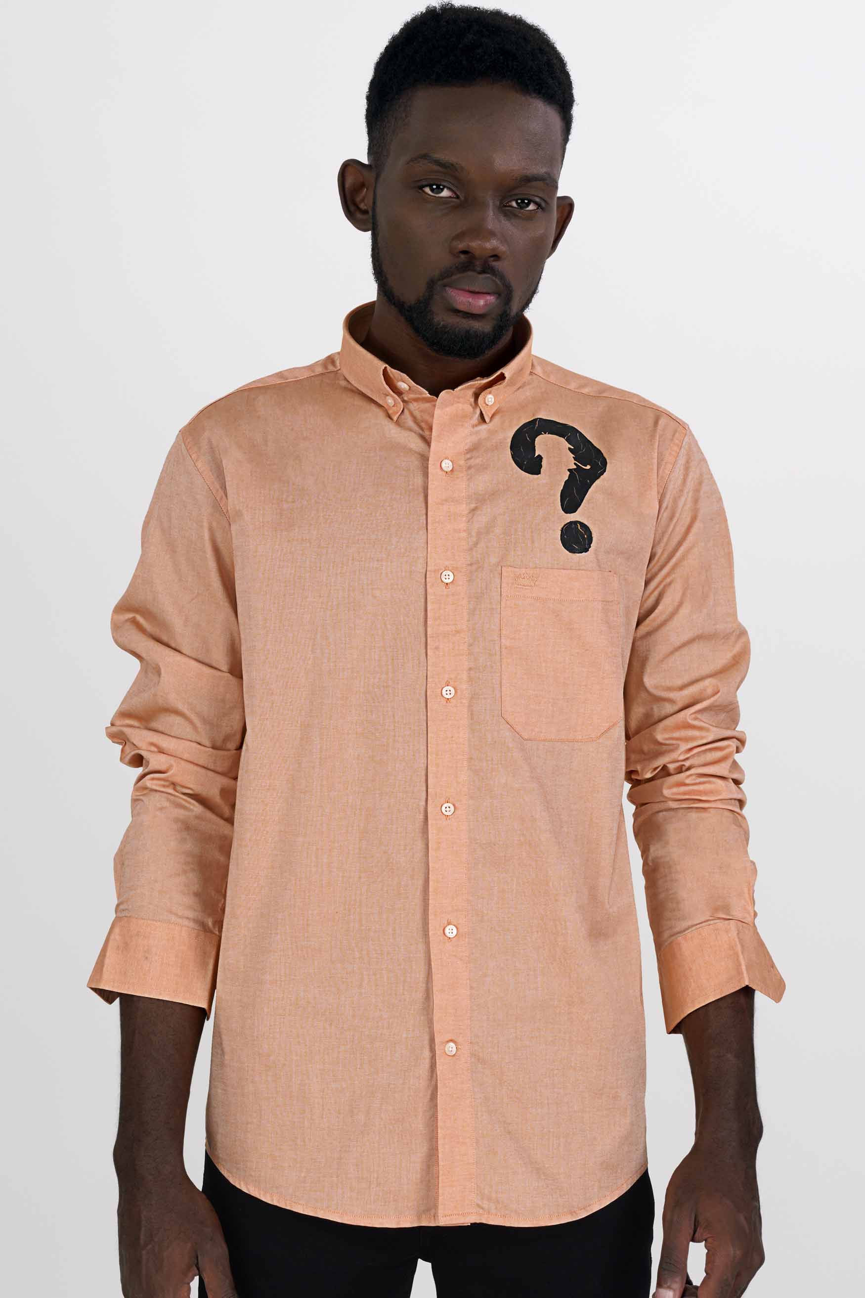 Tangerine Peach and Black Question Mark Hand Painted Royal Oxford Designer Shirt 6384-BD-ART-38, 6384-BD-ART-H-38, 6384-BD-ART-39, 6384-BD-ART-H-39, 6384-BD-ART-40, 6384-BD-ART-H-40, 6384-BD-ART-42, 6384-BD-ART-H-42, 6384-BD-ART-44, 6384-BD-ART-H-44, 6384-BD-ART-46, 6384-BD-ART-H-46, 6384-BD-ART-48, 6384-BD-ART-H-48, 6384-BD-ART-50, 6384-BD-ART-H-50, 6384-BD-ART-52, 6384-BD-ART-H-52
