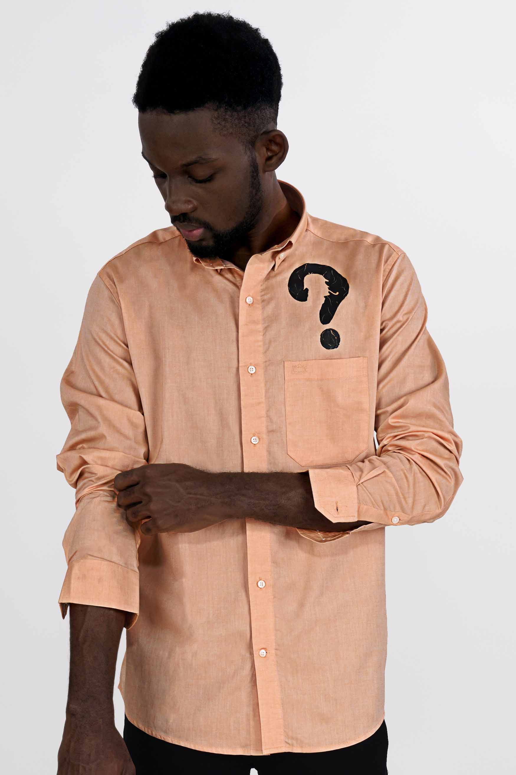 Tangerine Peach and Black Question Mark Hand Painted Royal Oxford Designer Shirt 6384-BD-ART-38, 6384-BD-ART-H-38, 6384-BD-ART-39, 6384-BD-ART-H-39, 6384-BD-ART-40, 6384-BD-ART-H-40, 6384-BD-ART-42, 6384-BD-ART-H-42, 6384-BD-ART-44, 6384-BD-ART-H-44, 6384-BD-ART-46, 6384-BD-ART-H-46, 6384-BD-ART-48, 6384-BD-ART-H-48, 6384-BD-ART-50, 6384-BD-ART-H-50, 6384-BD-ART-52, 6384-BD-ART-H-52