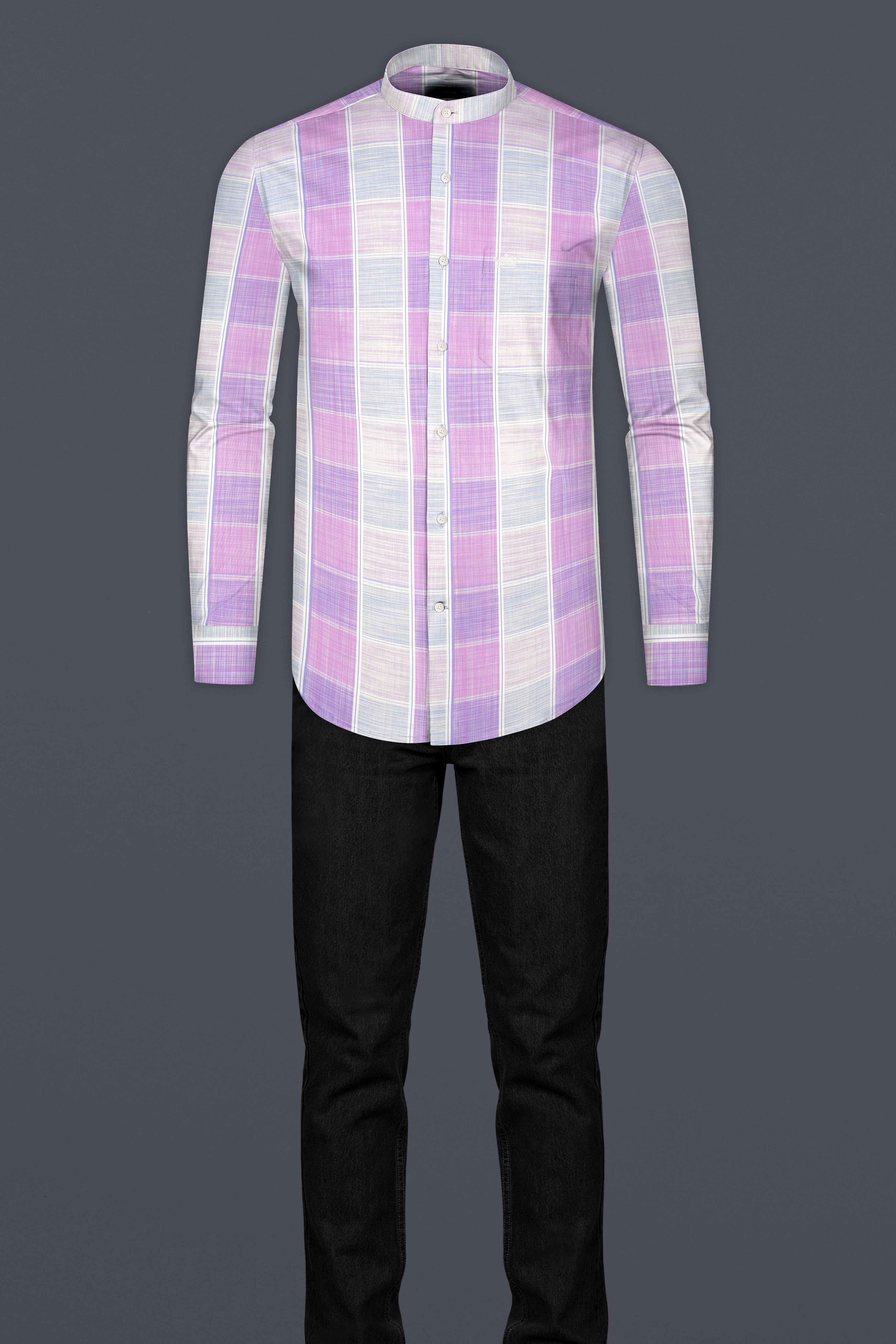 Bright White with Pale Magenta Windowpane Premium Cotton Shirt