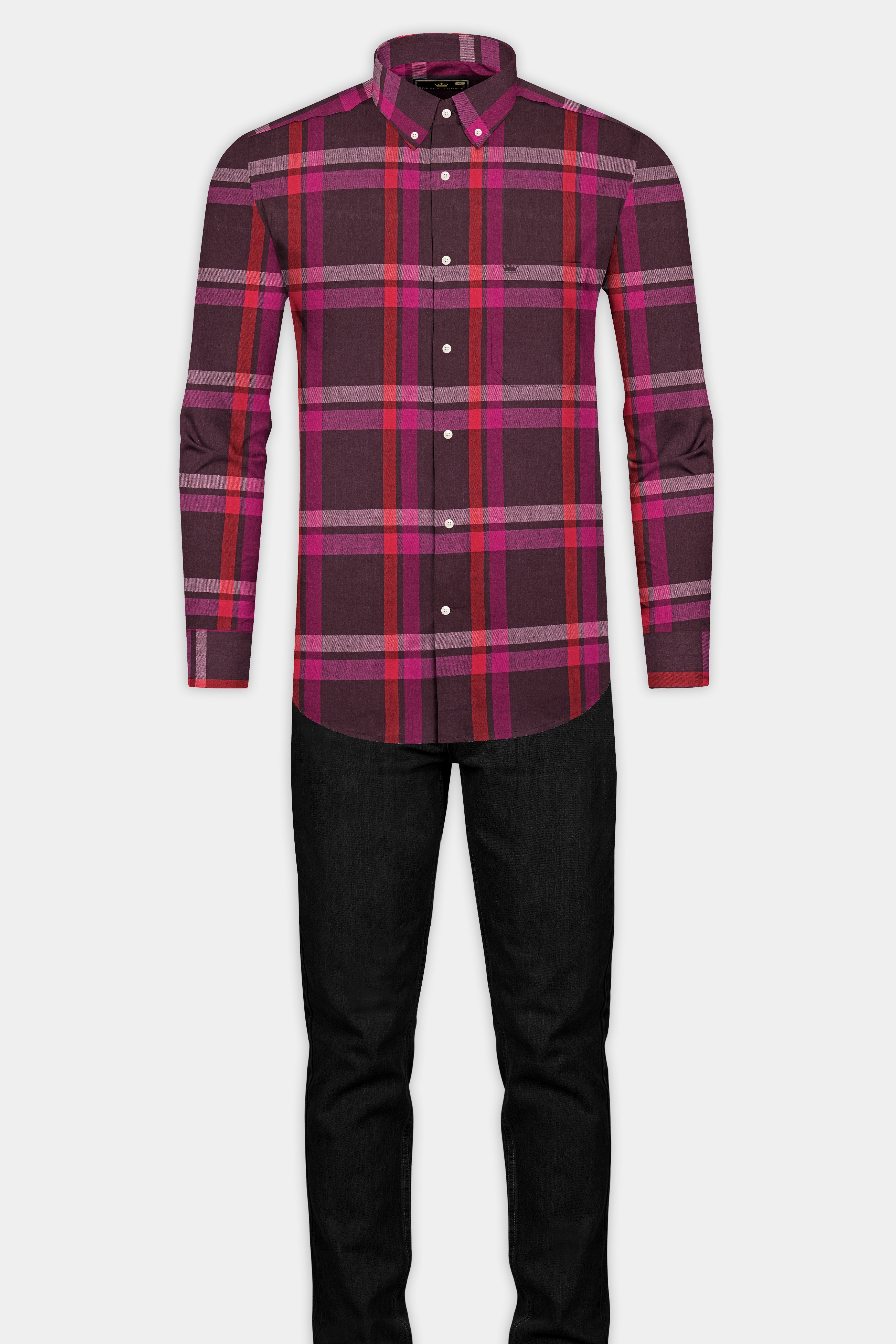 English Walnut and Mulberry Pink Plaid Flannel Shirt