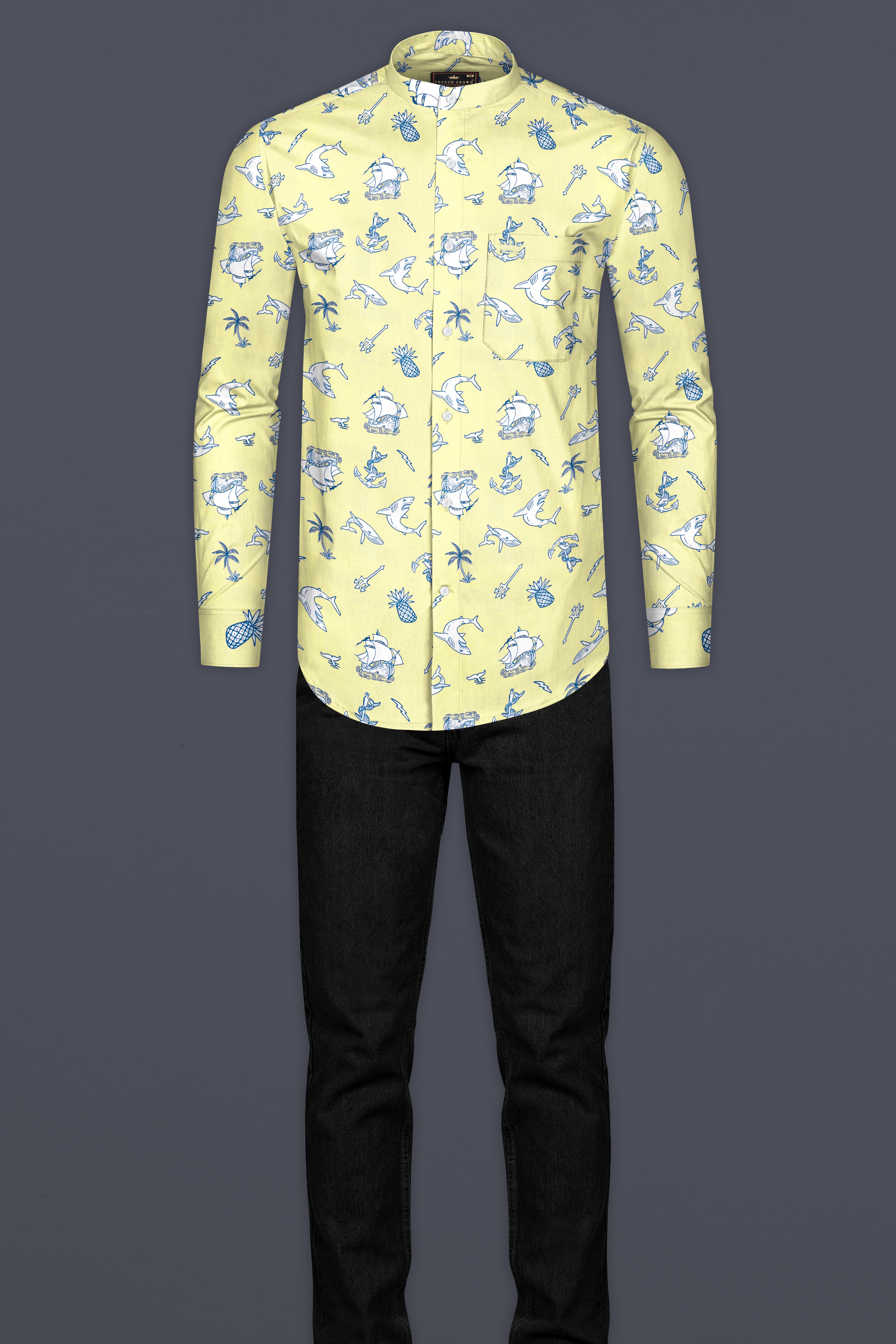 Shalimar Yellow Aqua Life Printed Twill Textured Premium Cotton Shirt