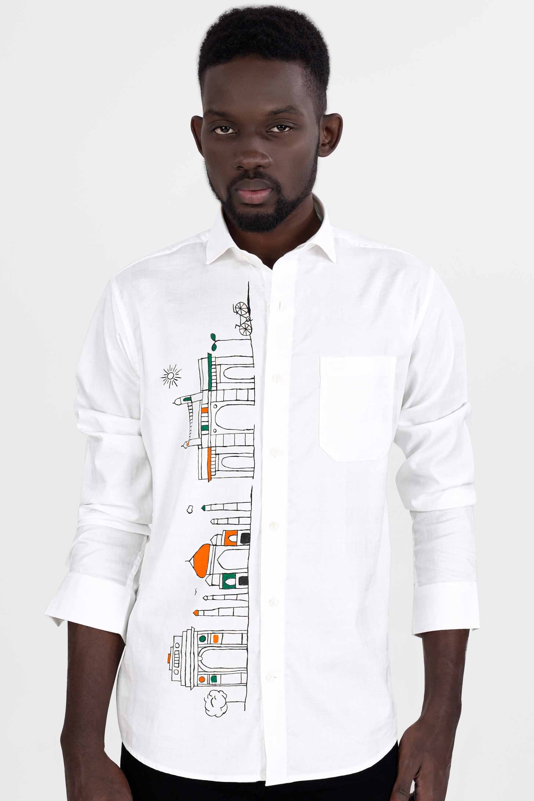 Bright White Indian Monuments Hand Painted Dobby Textured Premium Giza Cotton Designer Shirt