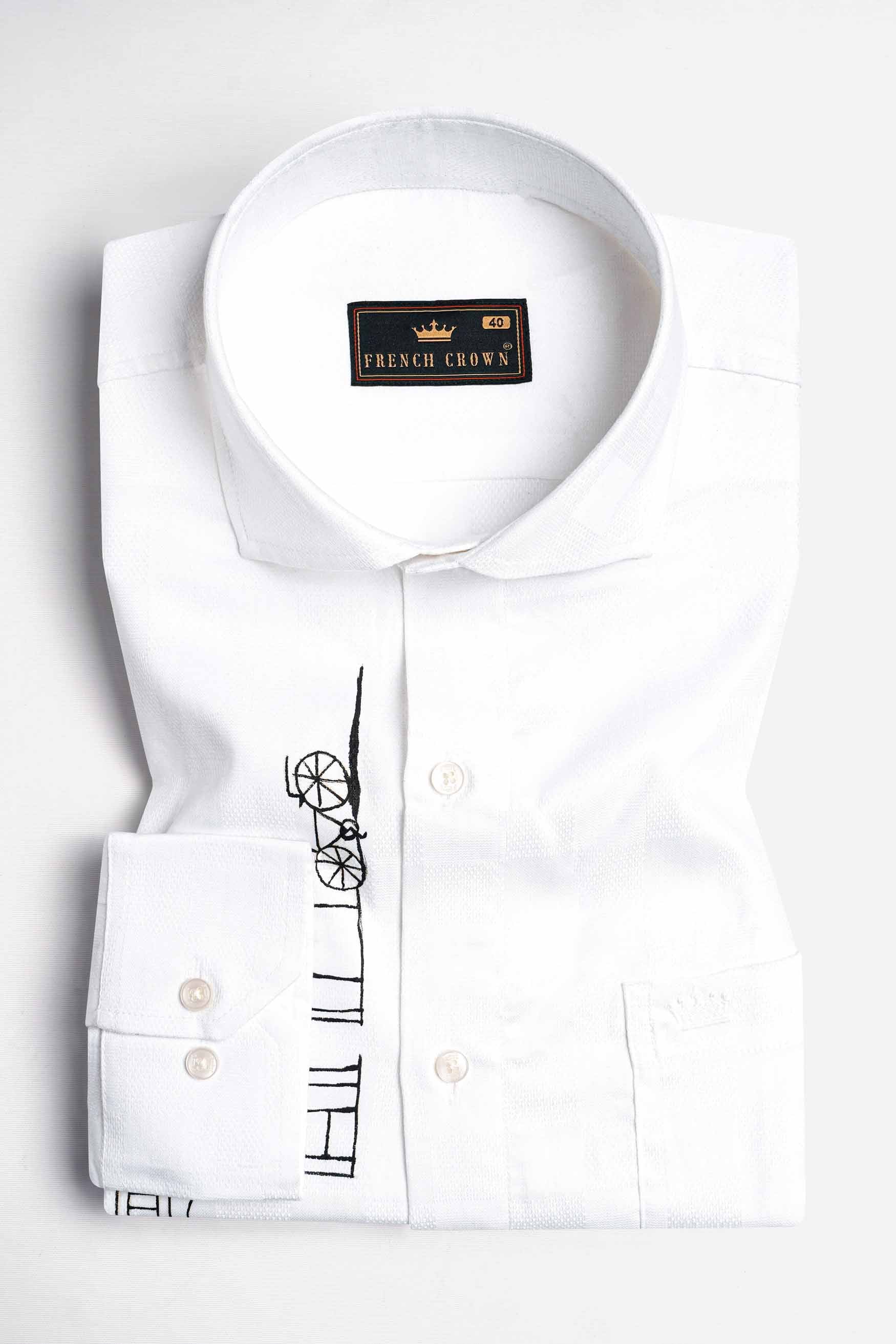Bright White Indian Monuments Hand Painted Dobby Textured Premium Giza Cotton Designer Shirt
