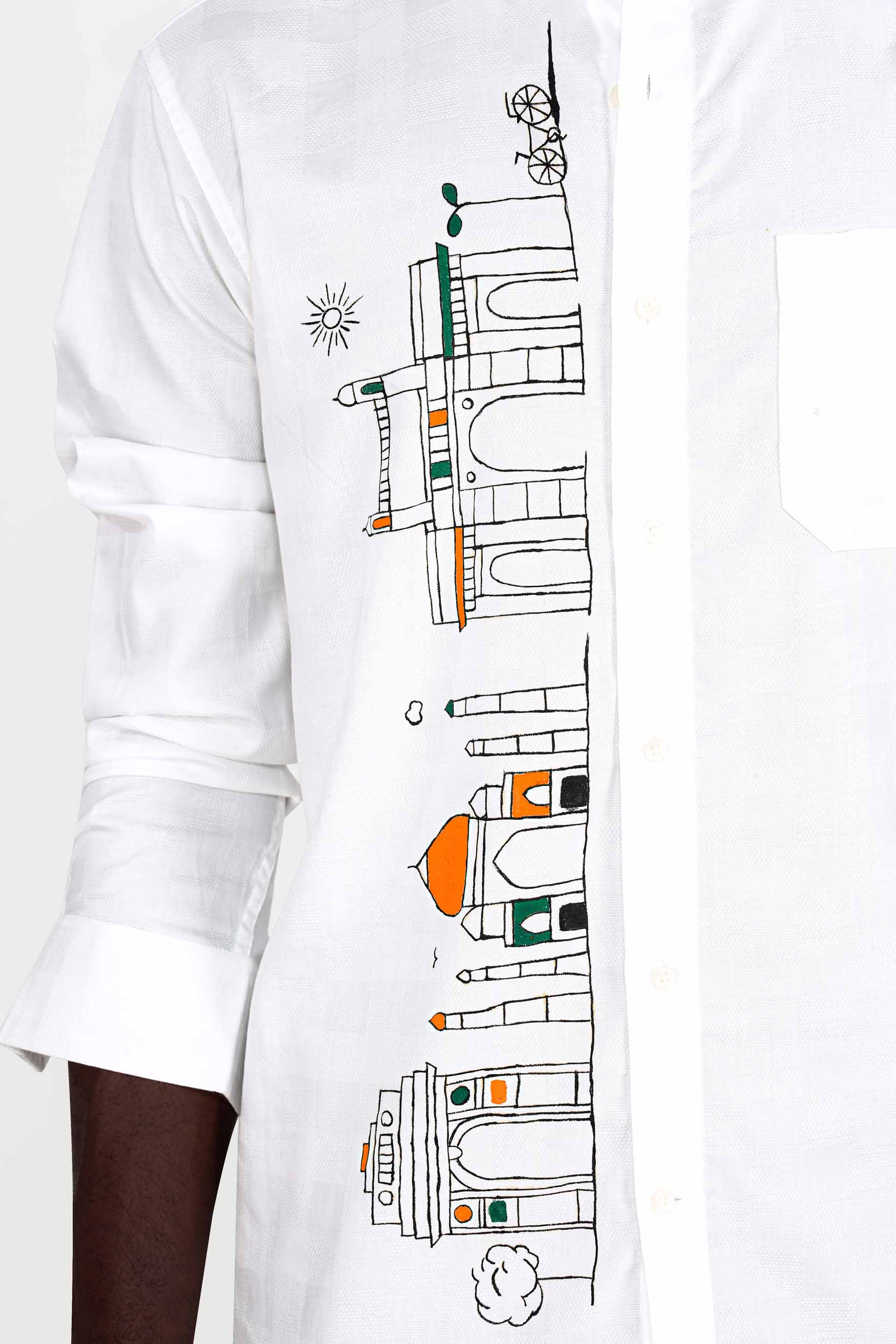Bright White Indian Monuments Hand Painted Dobby Textured Premium Giza Cotton Designer Shirt