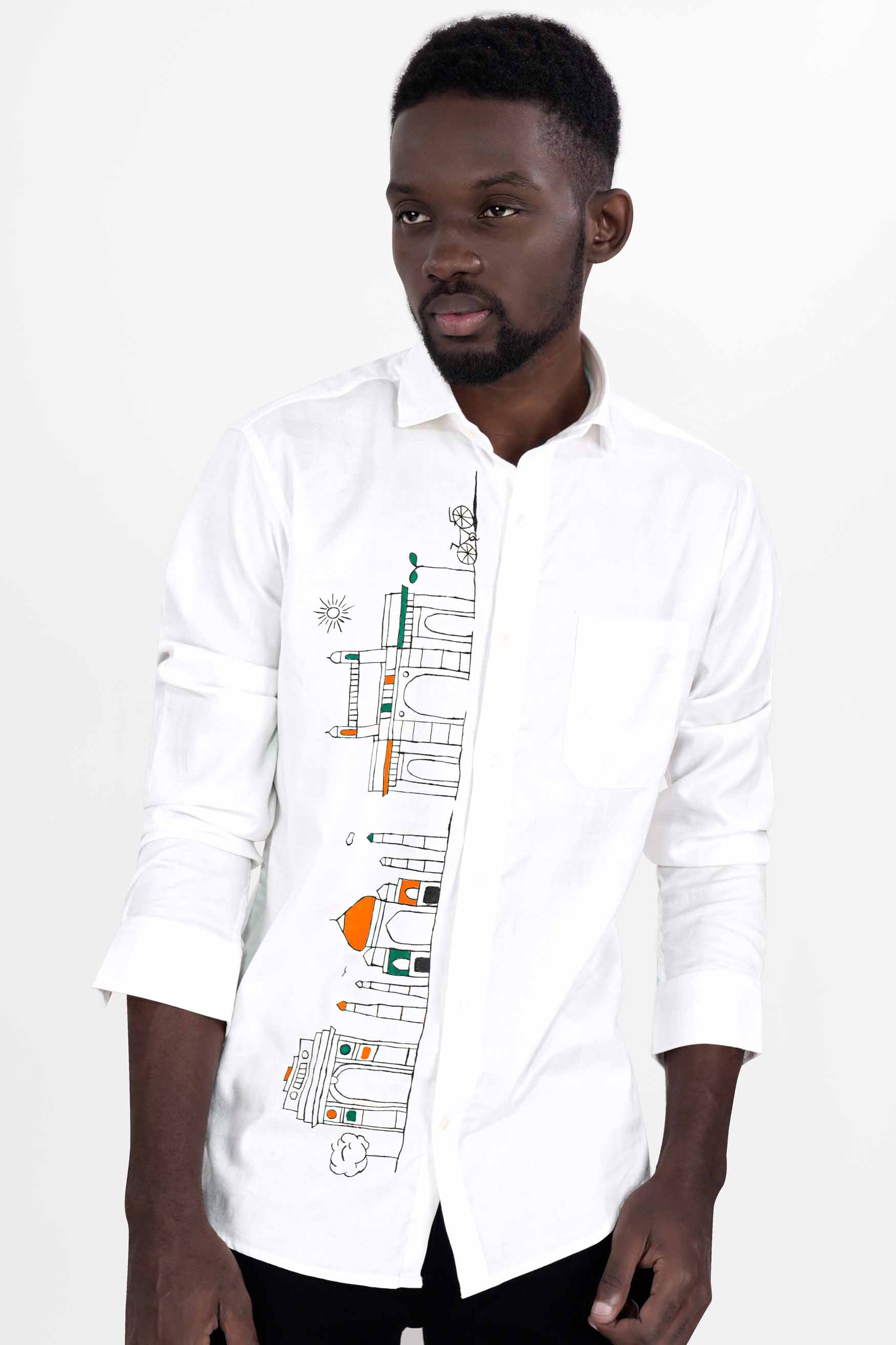 Bright White Indian Monuments Hand Painted Dobby Textured Premium Giza Cotton Designer Shirt