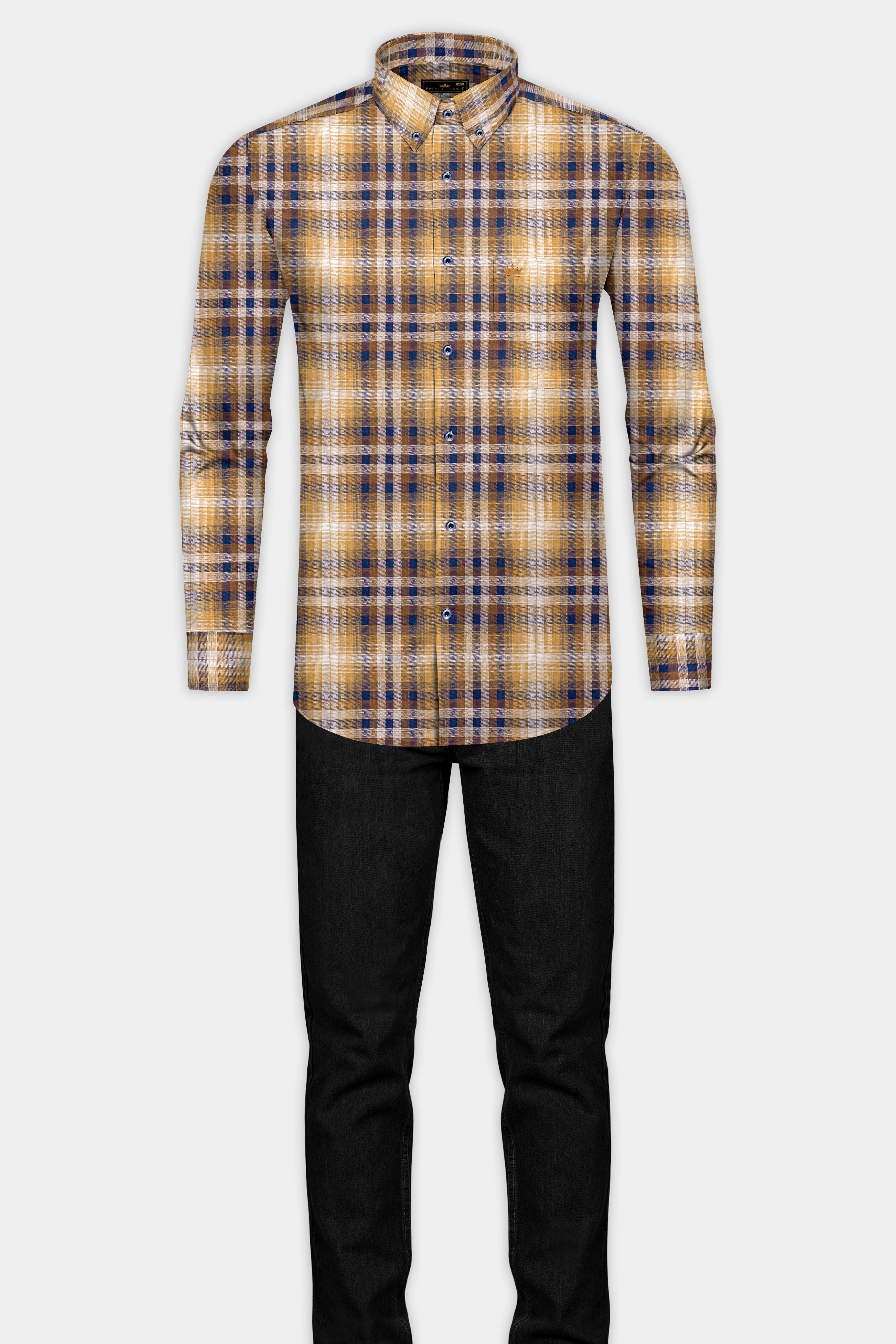 Ironstone Brown and Rhino Blue Plaid Twill Textured Premium Cotton Shirt