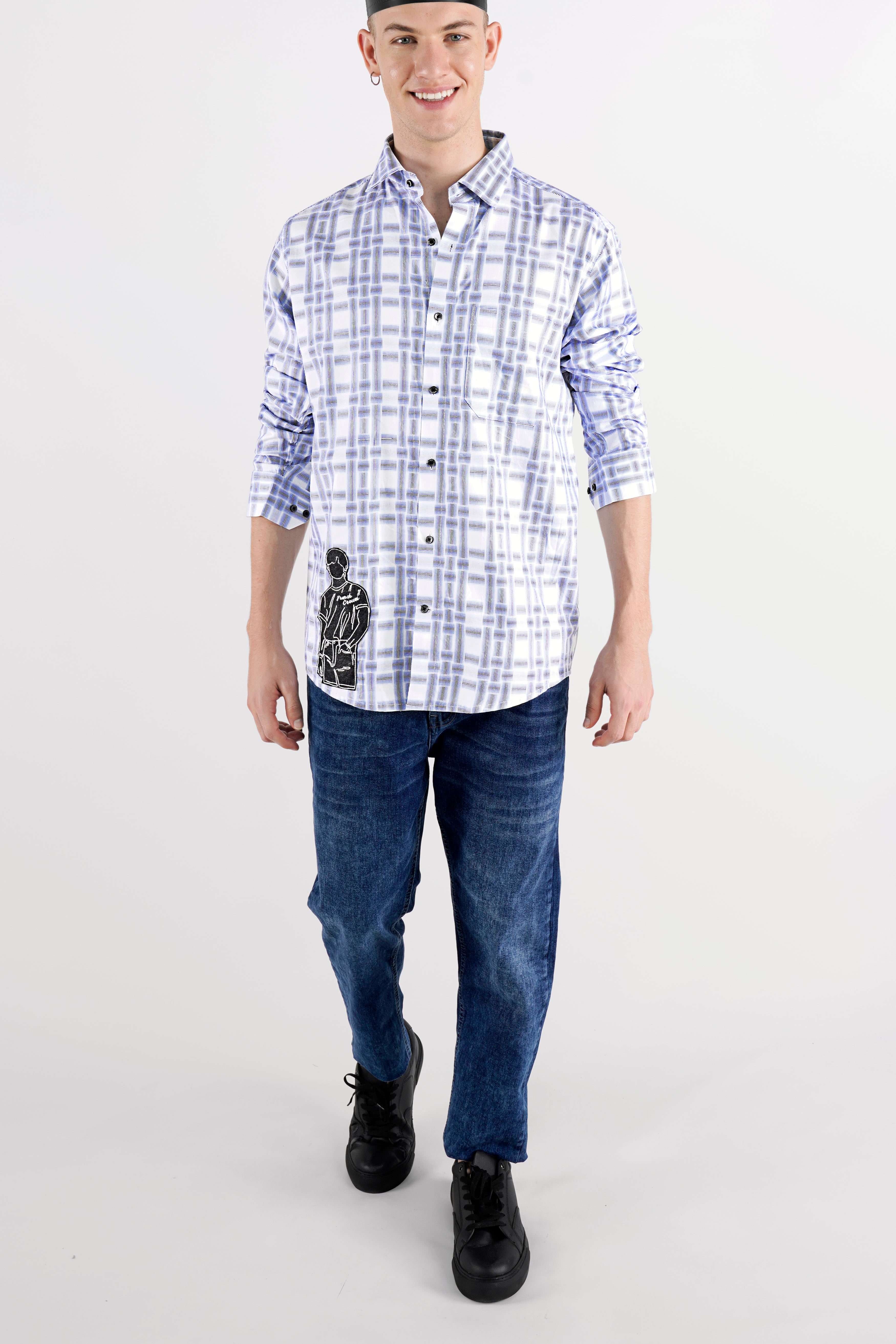 Bright White with Light Pastel Blue Checkered with Funky Patch Work Dobby Premium Giza Cotton Designer Shirt