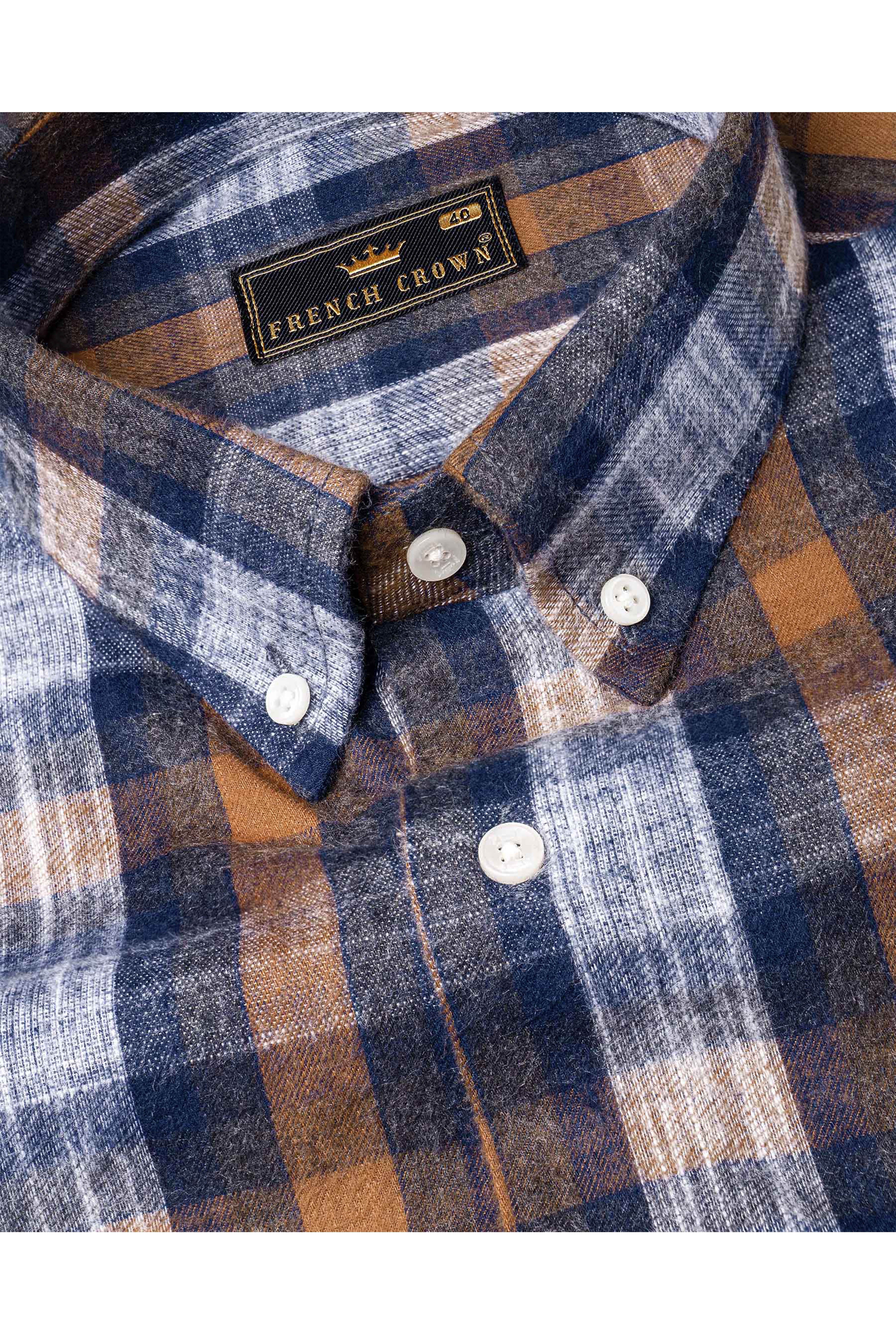 Zodiac Blue and Reddish Brown Floral Embroidered Patchwork Flannel Designer Shirt