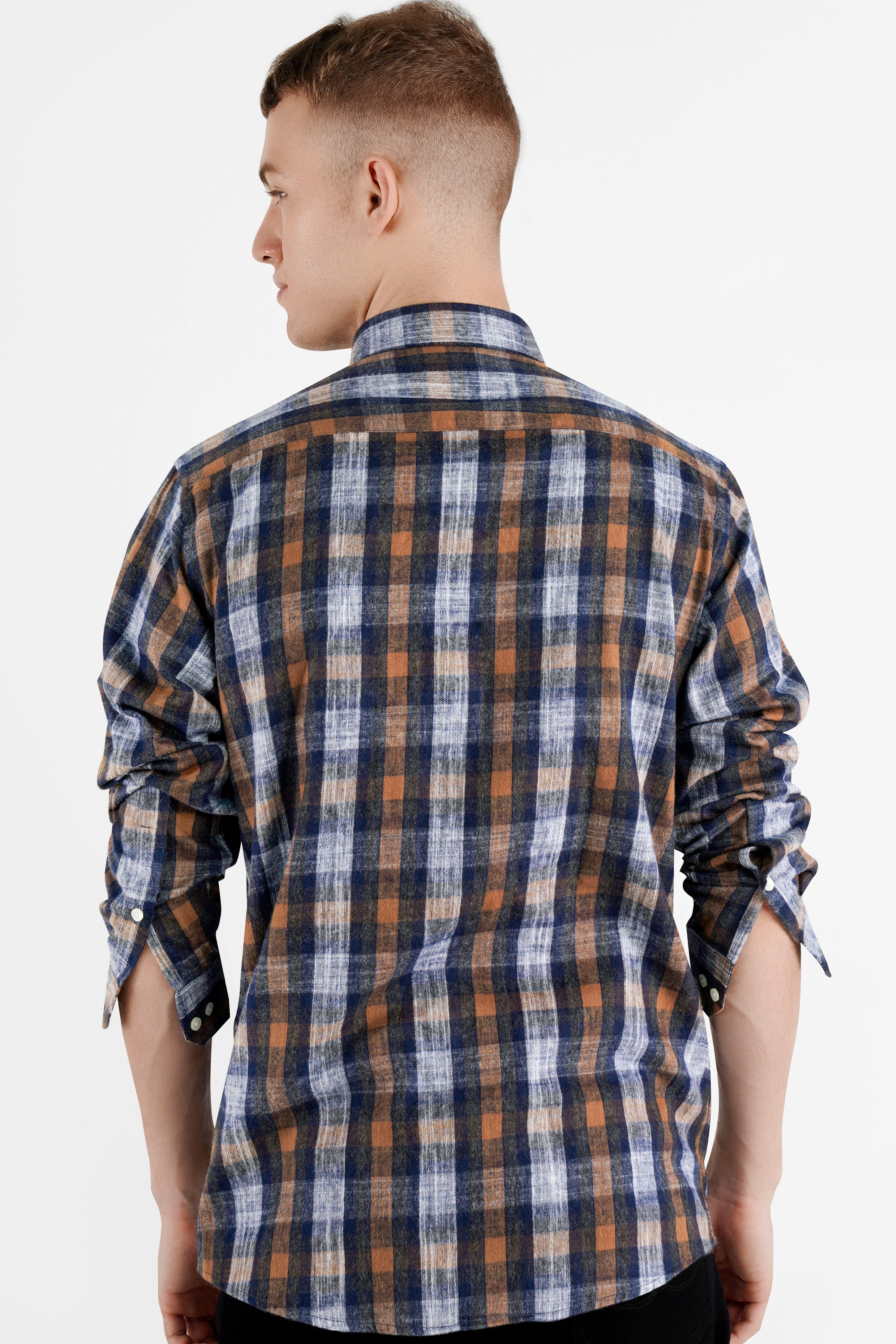 Zodiac Blue and Reddish Brown Floral Embroidered Patchwork Flannel Designer Shirt