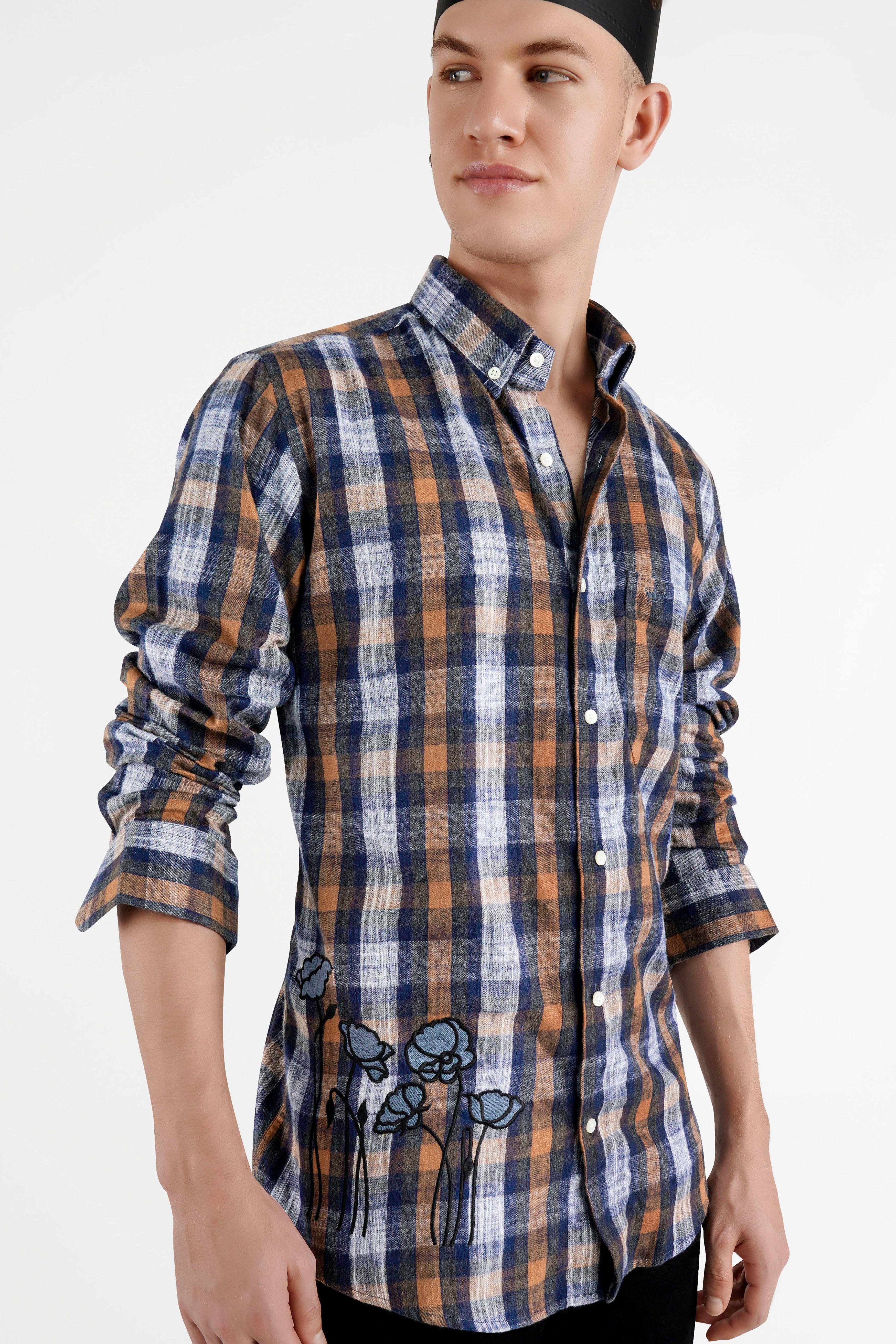 Zodiac Blue and Reddish Brown Floral Embroidered Patchwork Flannel Designer Shirt