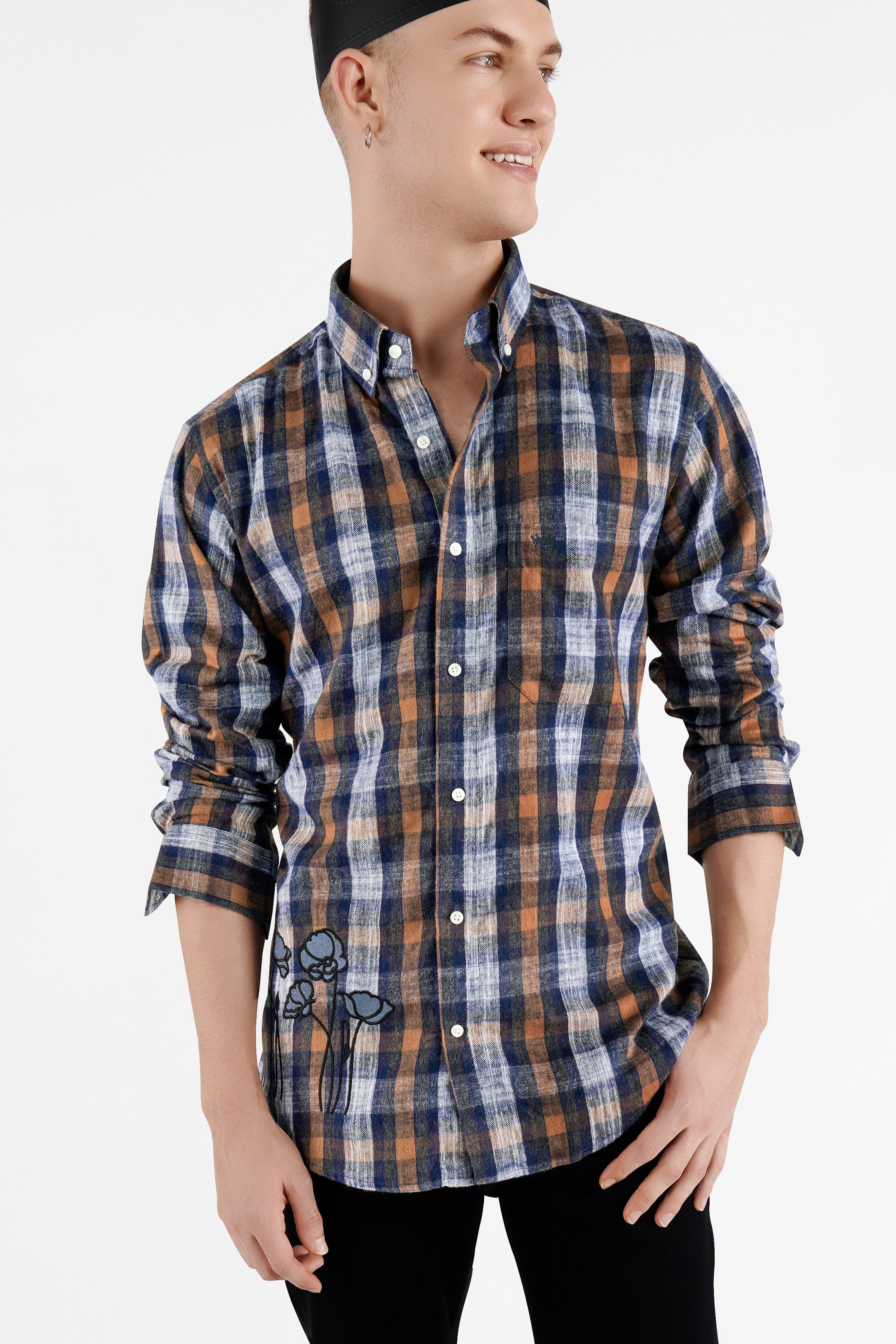 Zodiac Blue and Reddish Brown Floral Embroidered Patchwork Flannel Designer Shirt