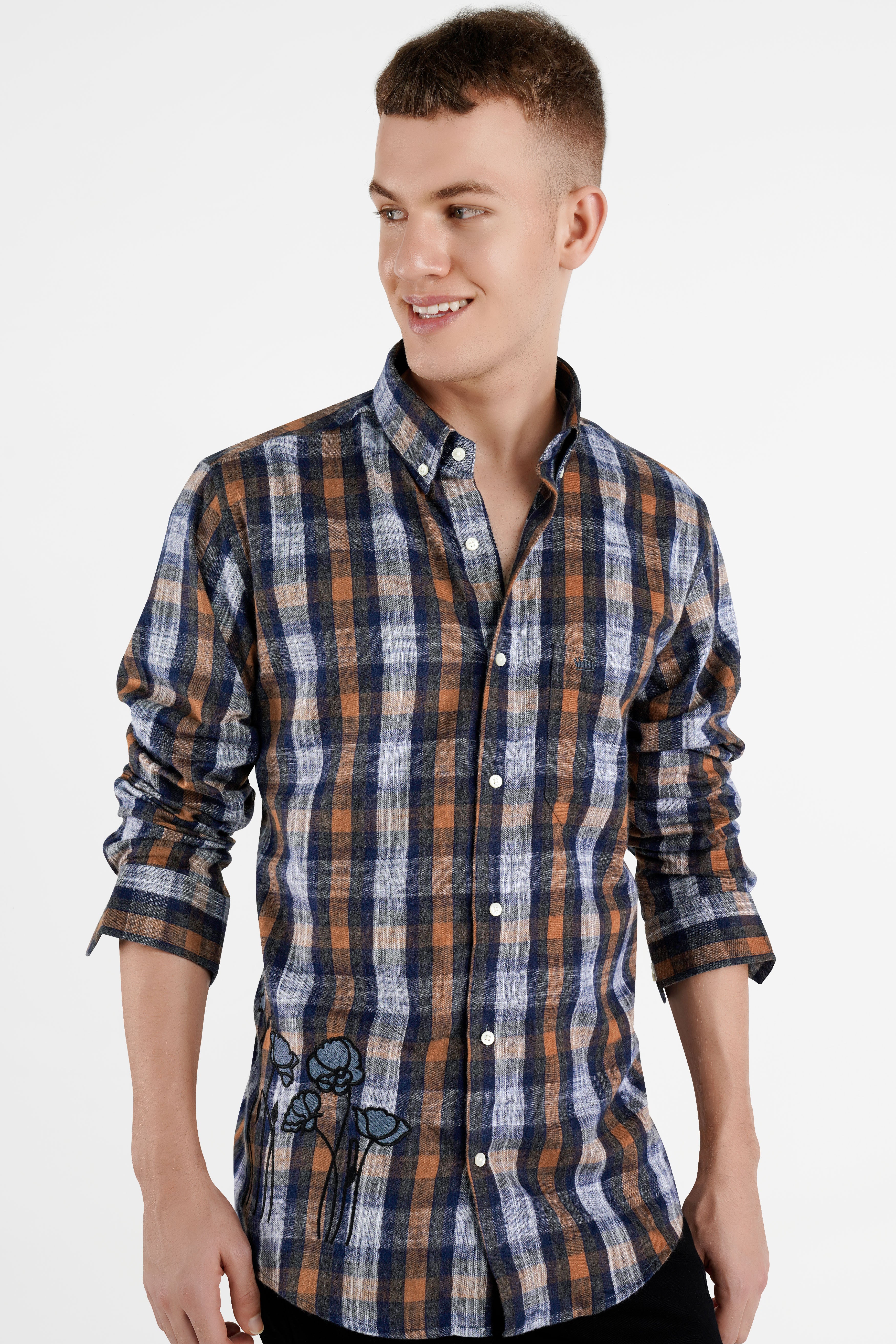 Zodiac Blue and Reddish Brown Floral Embroidered Patchwork Flannel Designer Shirt