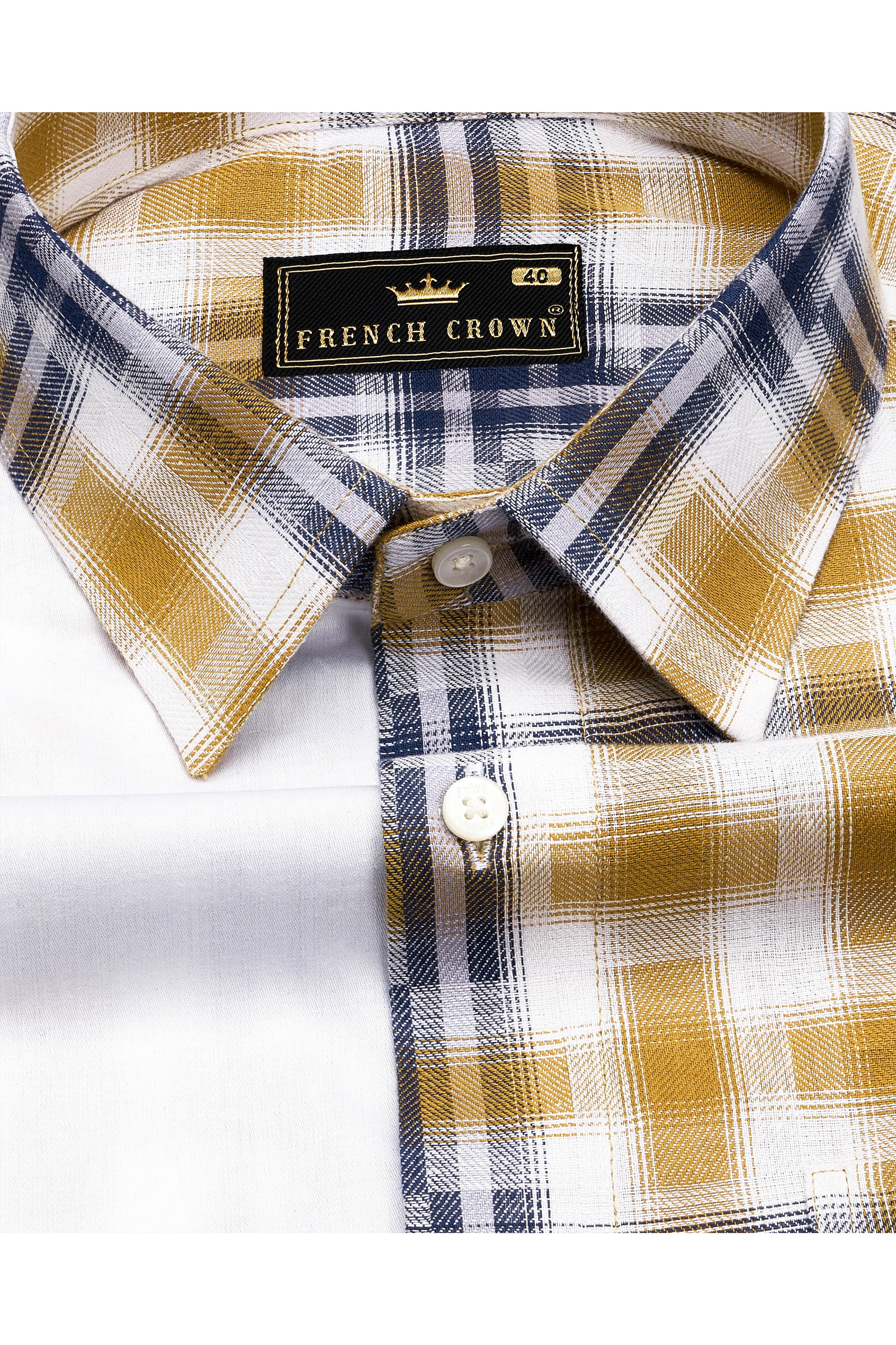 Bright White with Muesli Brown and Midnight Blue Funky Printed Twill Premium Cotton Designer Shirt