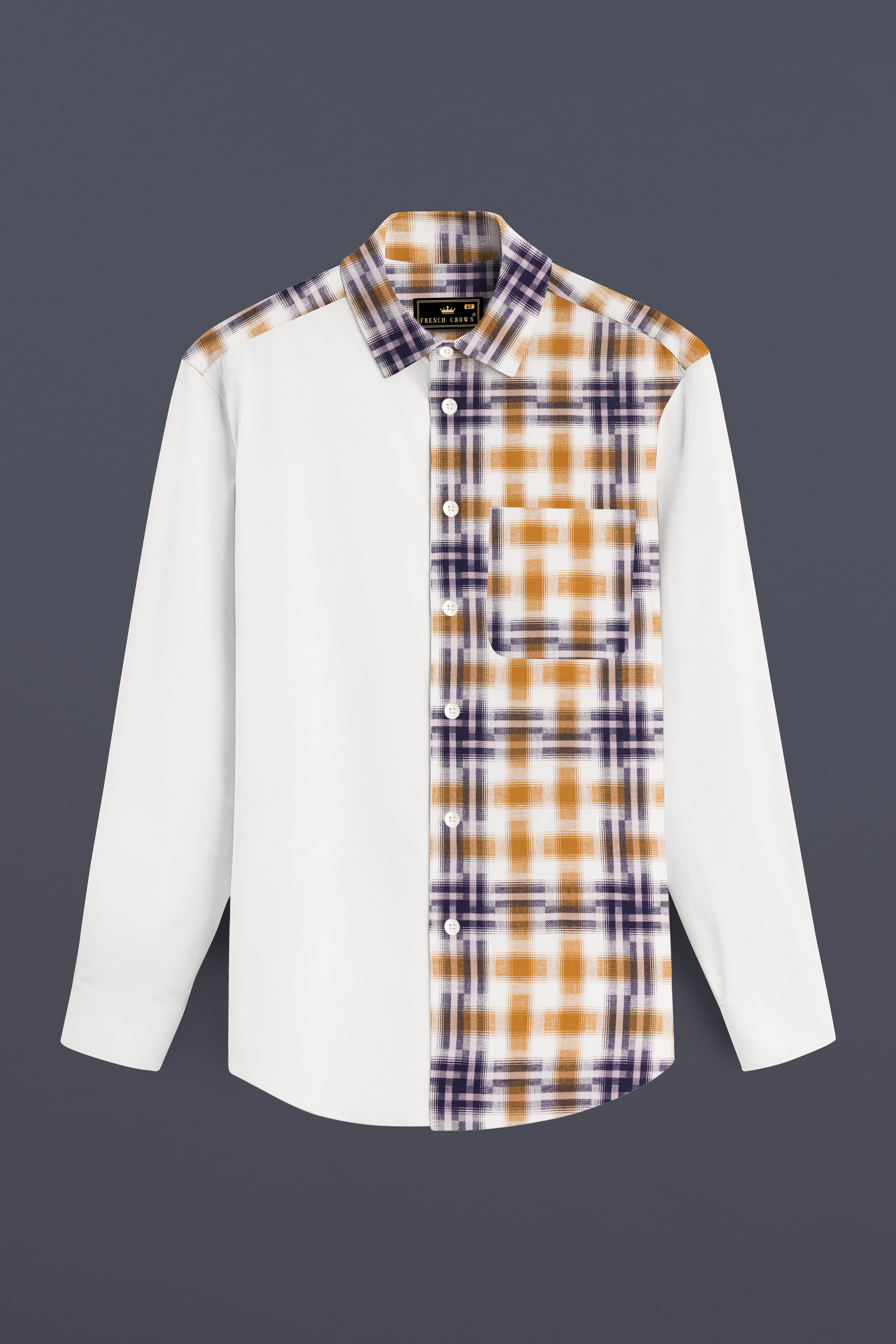 Half White Half Checkered Twill Premium Cotton Shirt