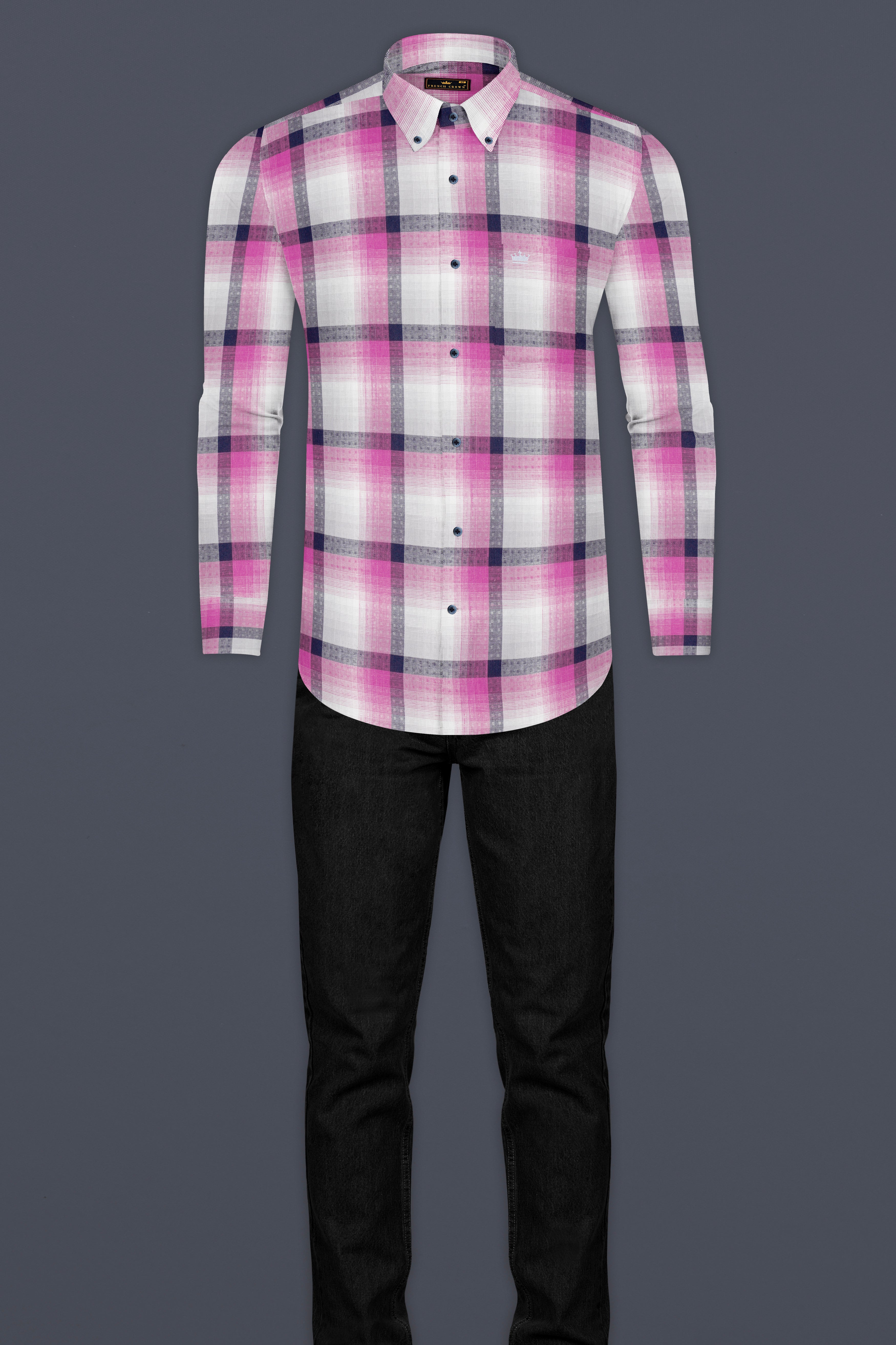 Blue with Thulian Pink Twill Checkered Premium Cotton Shirt