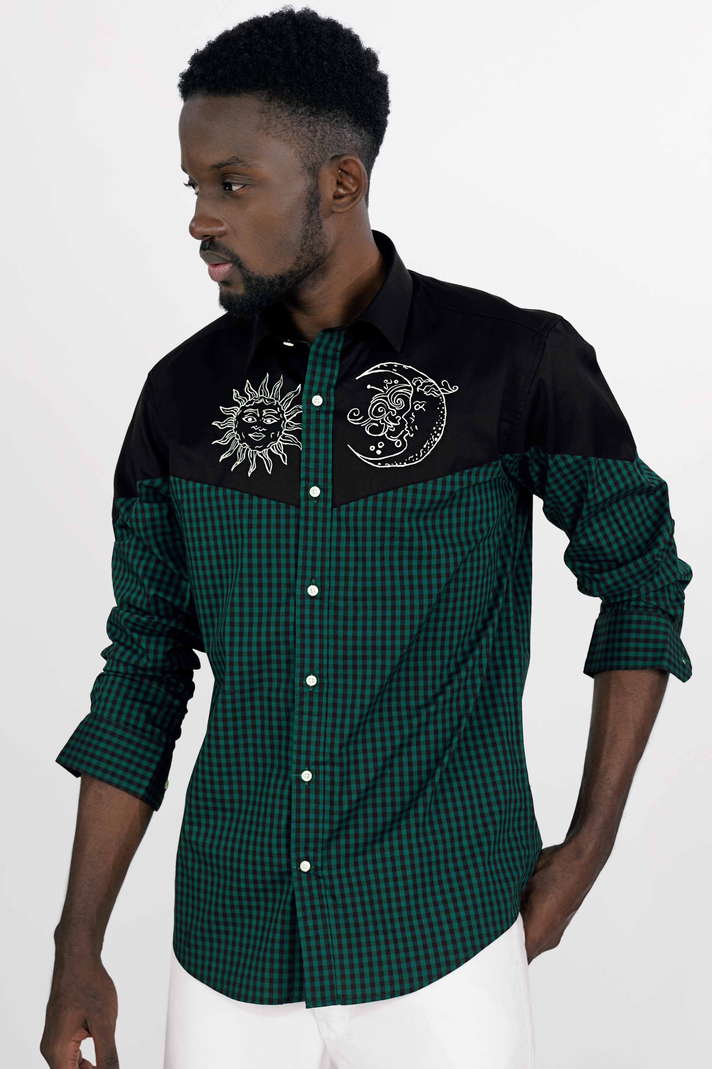 Jade Black with Plantation Green Gingham Checkered Hand Painted Premium Cotton Designer Shirt 6826-P93-ART-38, 6826-P93-ART-H-38, 6826-P93-ART-39, 6826-P93-ART-H-39, 6826-P93-ART-40, 6826-P93-ART-H-40, 6826-P93-ART-42, 6826-P93-ART-H-42, 6826-P93-ART-44, 6826-P93-ART-H-44, 6826-P93-ART-46, 6826-P93-ART-H-46, 6826-P93-ART-48, 6826-P93-ART-H-48, 6826-P93-ART-50, 6826-P93-ART-H-50, 6826-P93-ART-52, 6826-P93-ART-H-52