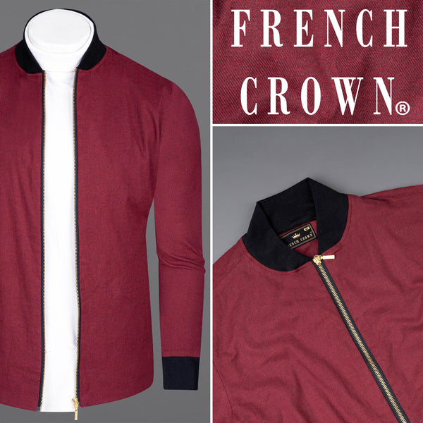 French Crown Lotus Red Twill Zipper Premium Cotton Bomber Jacket For Men, 44 / XL