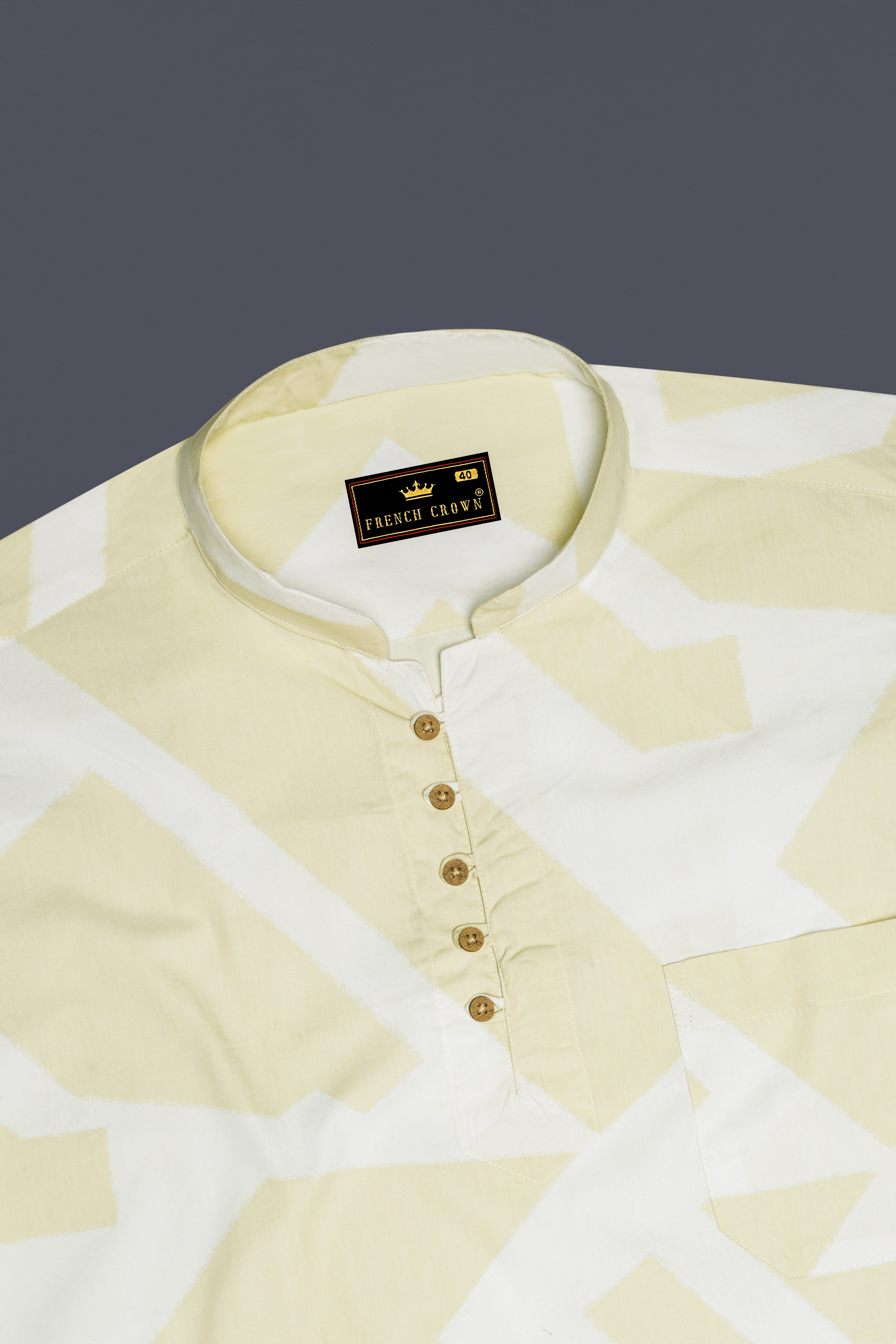 Colonial yellow and White abstract print Twill Premium Cotton Kurta Shirt
