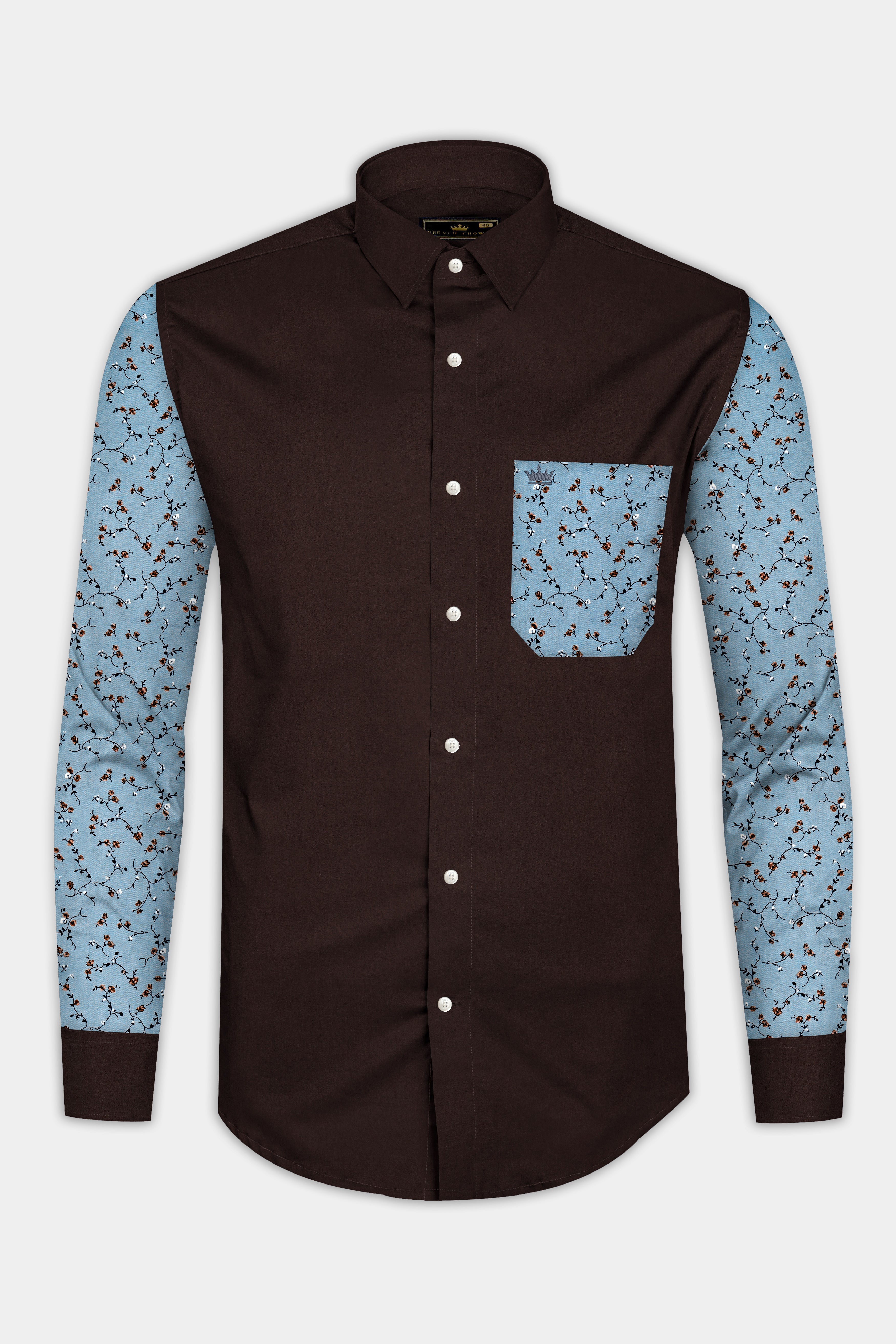 Iroko Brown with Spindle Blue Floral Printed Super Soft Premium Cotton Designer Shirt