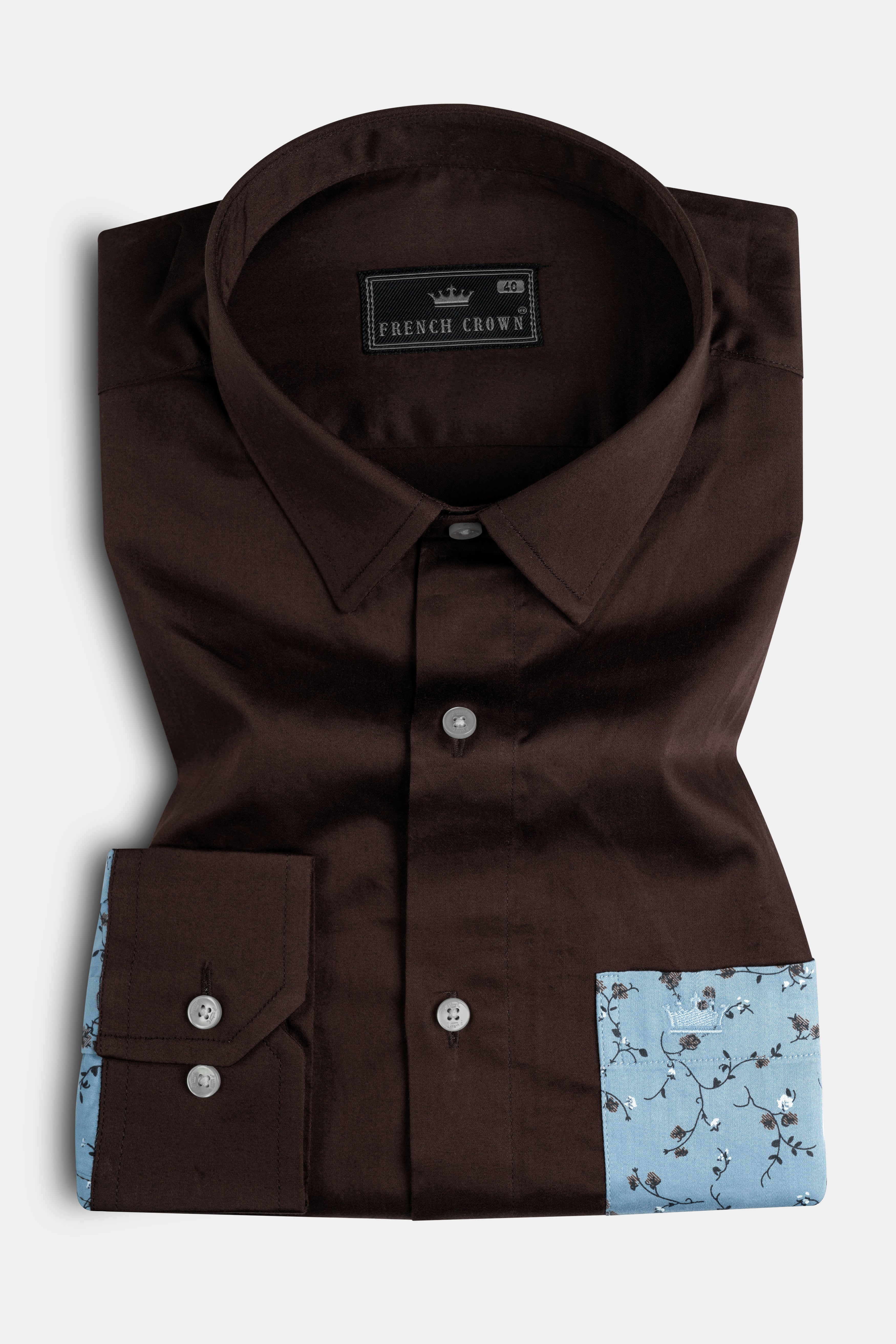 Iroko Brown with Spindle Blue Floral Printed Super Soft Premium Cotton Designer Shirt