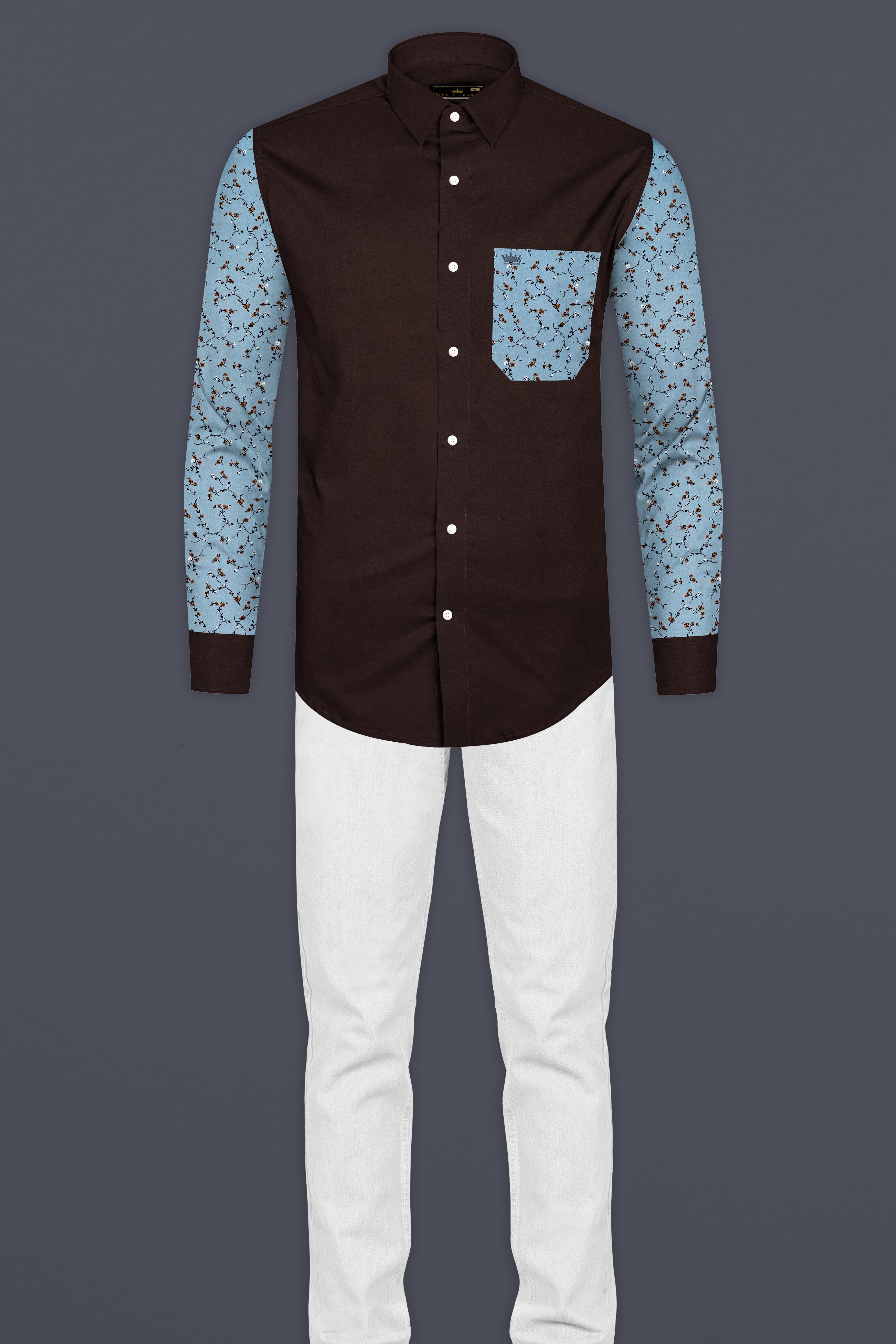 Iroko Brown with Spindle Blue Floral Printed Super Soft Premium Cotton Designer Shirt