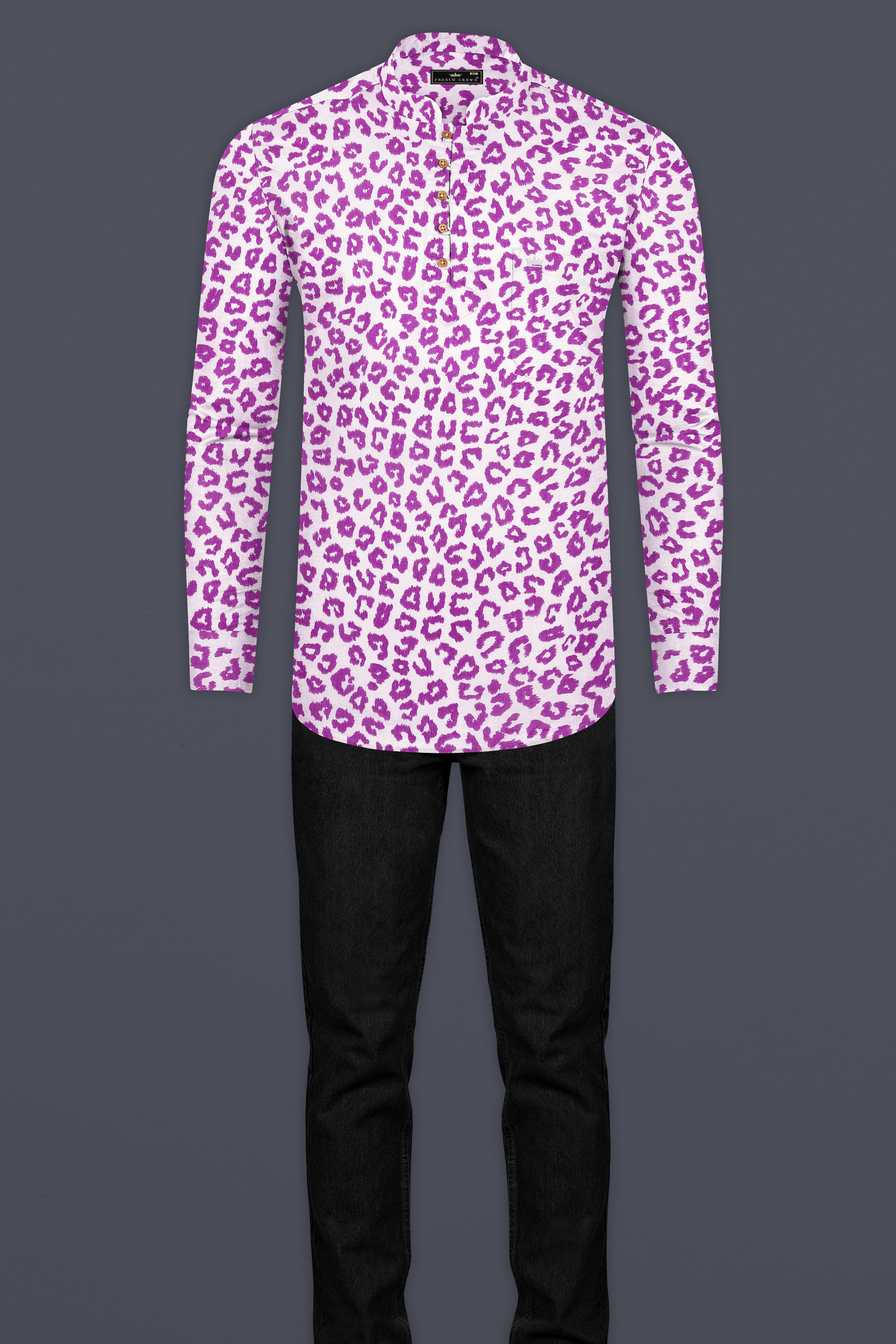 Bright White with Tapestry Pink Cheetah Print Lightweight Premium Tencel Kurta Shirt