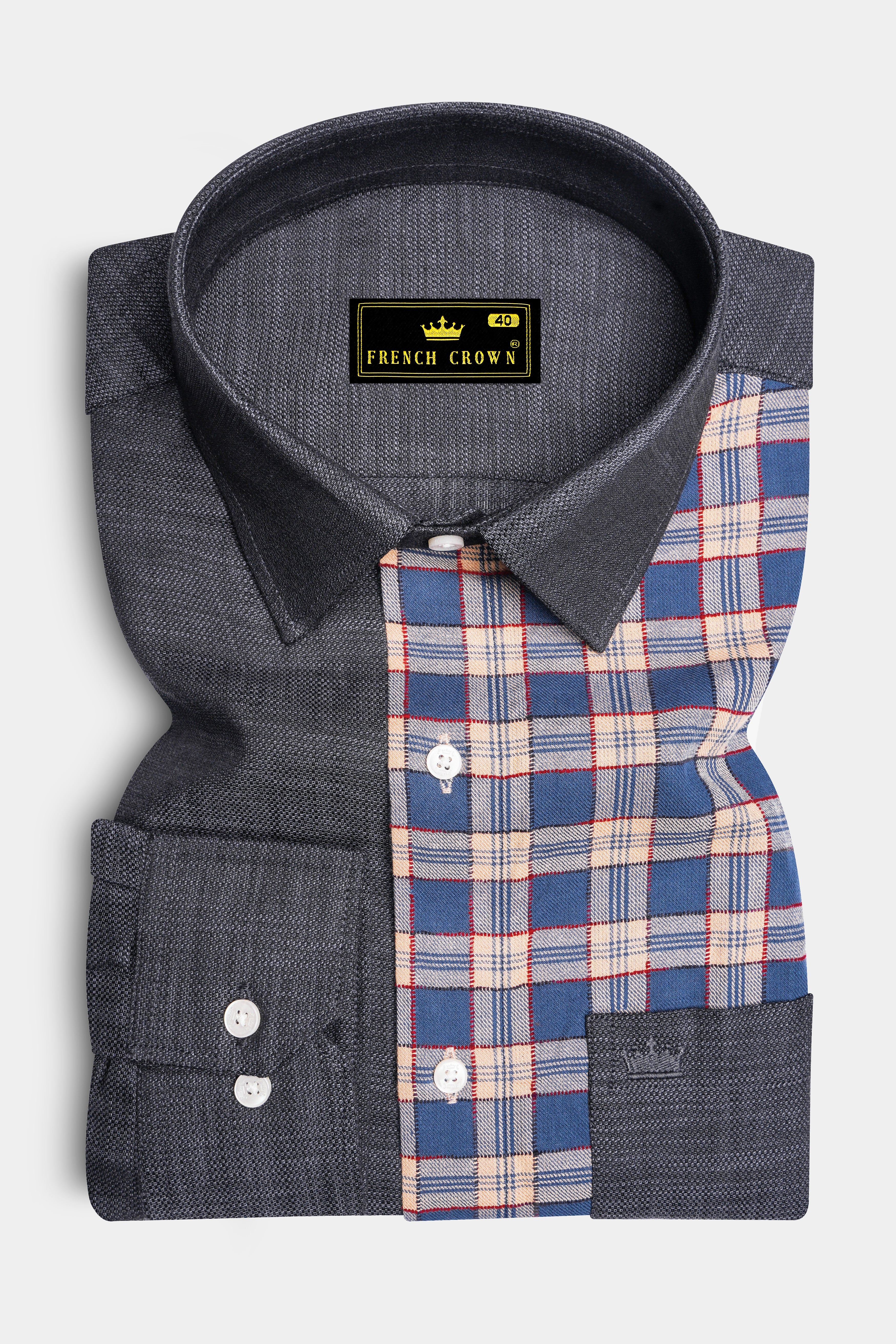 Half Thunder Gray and Half Plaid Dobby Textured Premium Giza Cotton Shirt