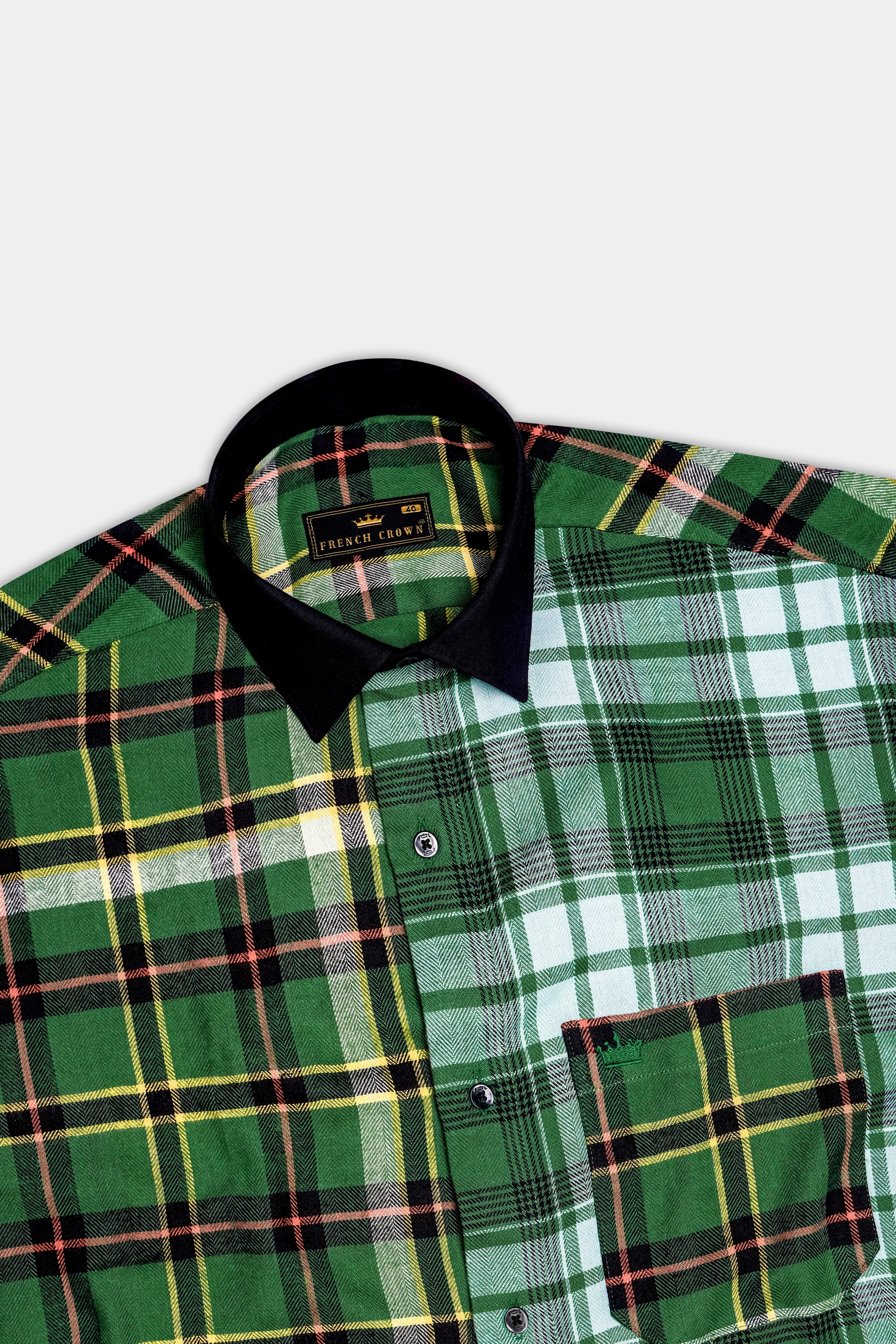Eucalyptus Green Multicolor Plaid with Black Collar Designer Shirt