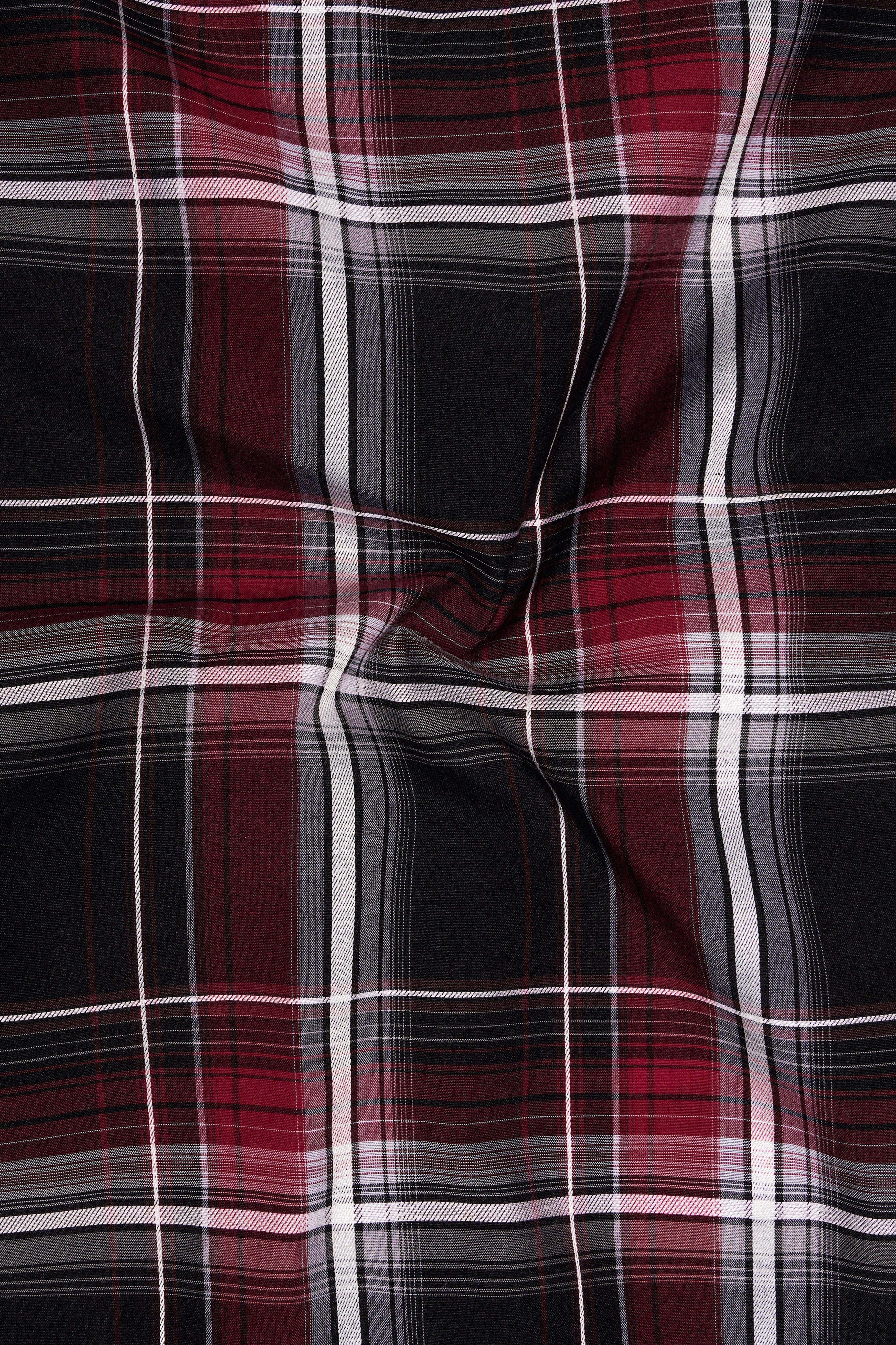 Jade Black and Fire Brick Red Plaid Dobby Textured Premium Giza Cotton Shirt