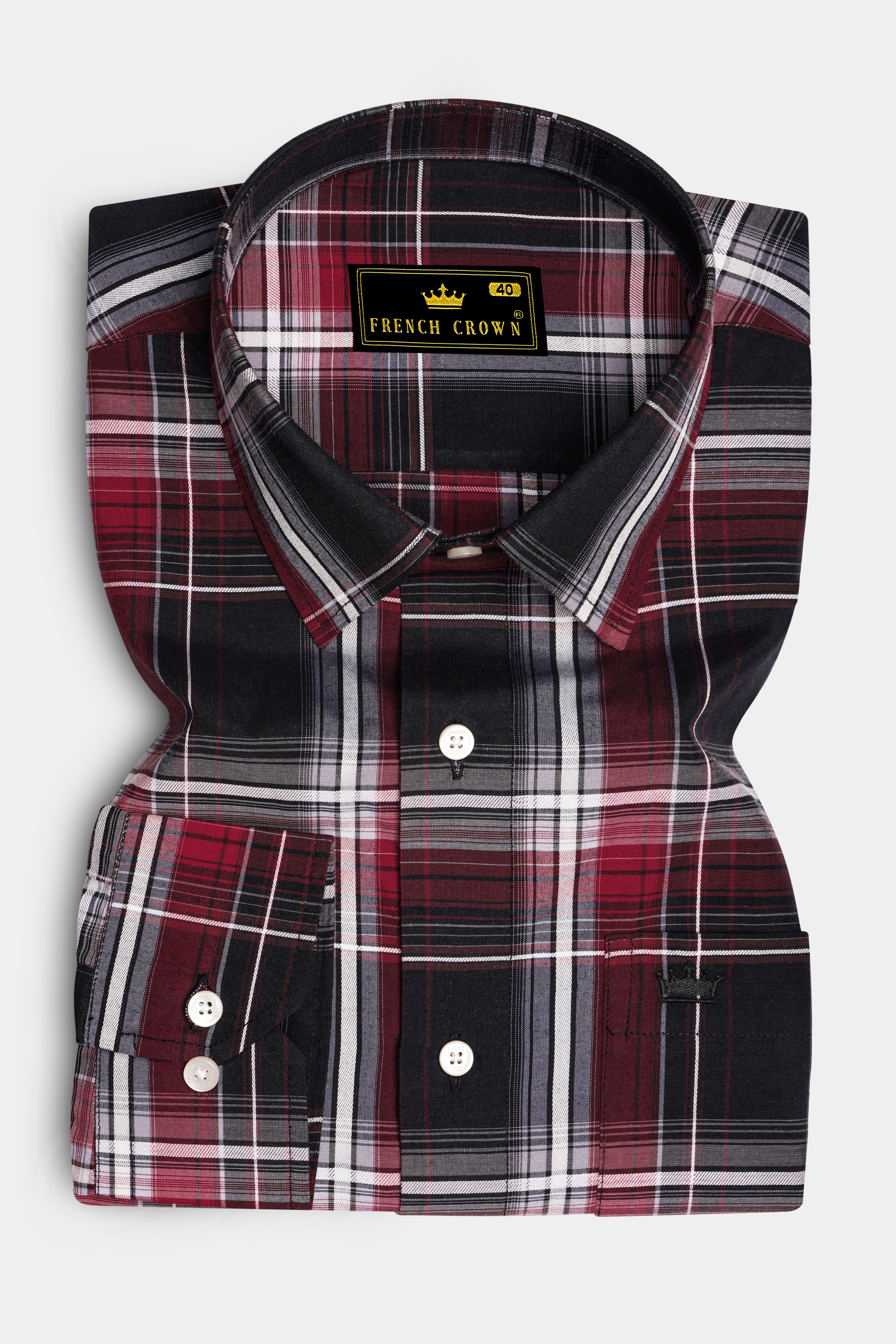 Jade Black and Fire Brick Red Plaid Dobby Textured Premium Giza Cotton Shirt
