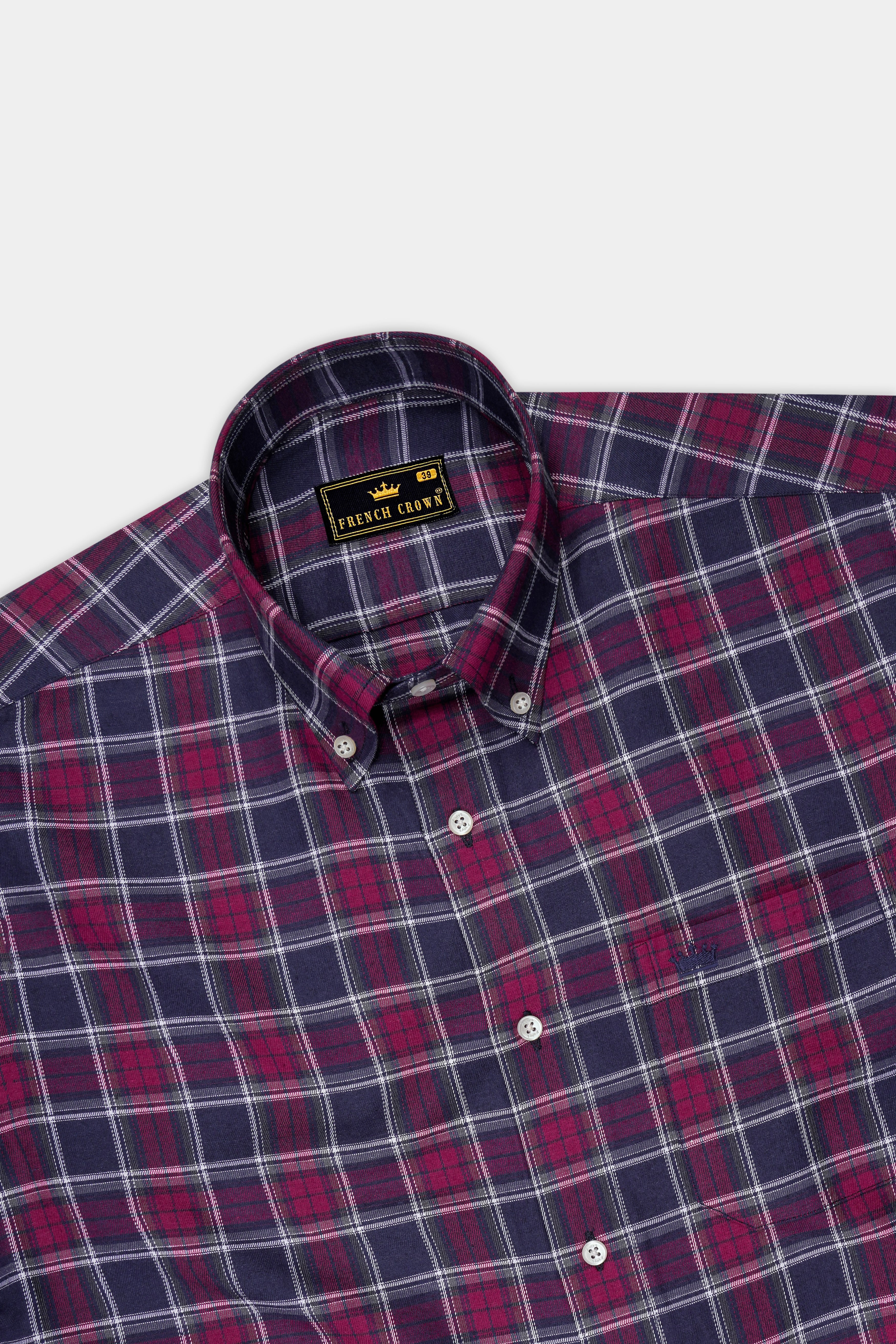 Gunmetal Blue and Claret Red Twill Plaid Premium Cotton Shirt