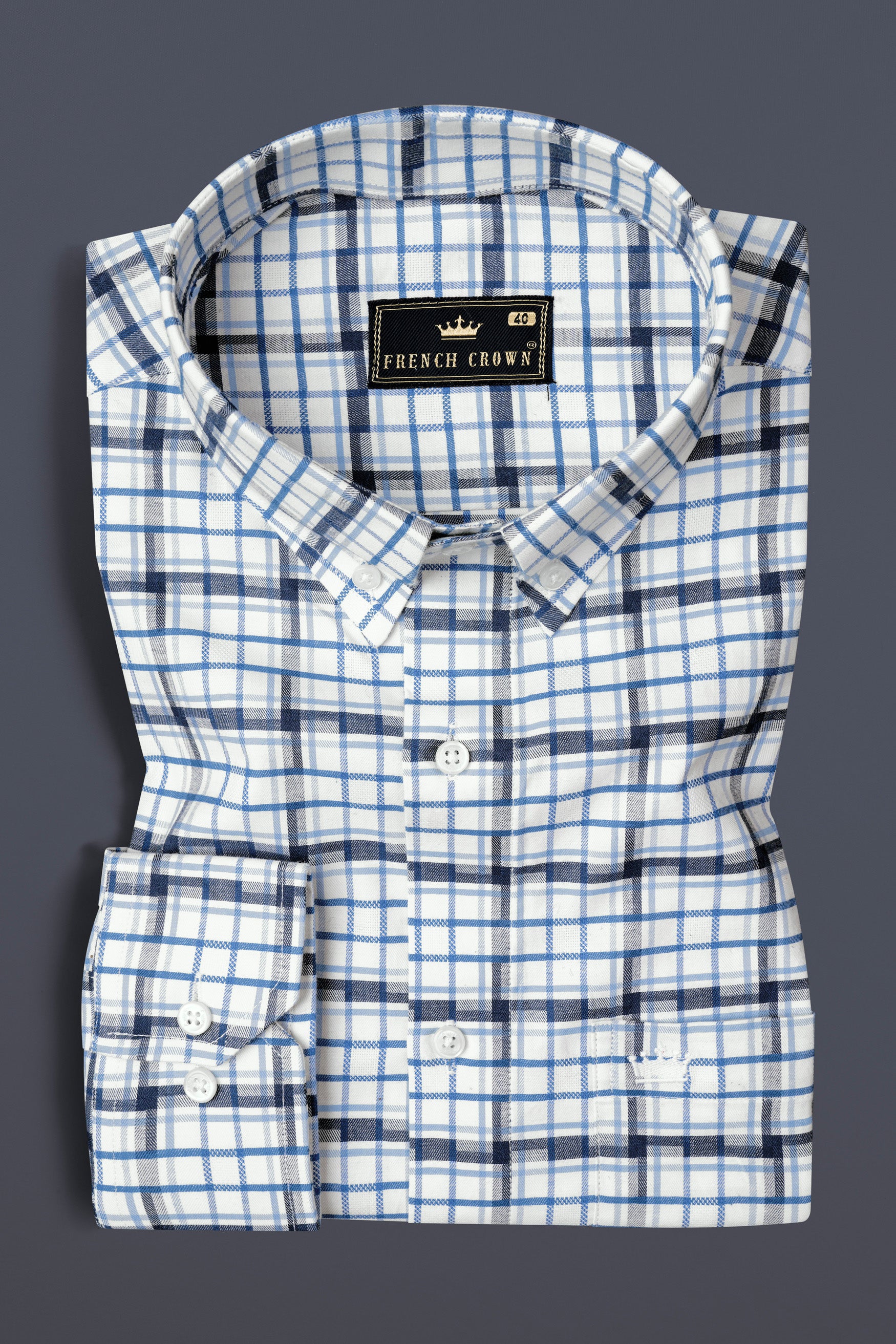 Limed Spruce Navy Blue and Metallic Blue and white Twill Plaid Premium Cotton Shirt