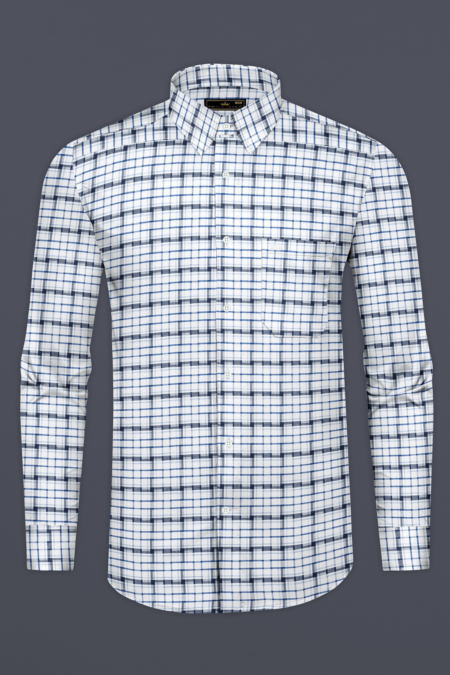 Limed Spruce Navy Blue and Metallic Blue and white Twill Plaid Premium Cotton Shirt